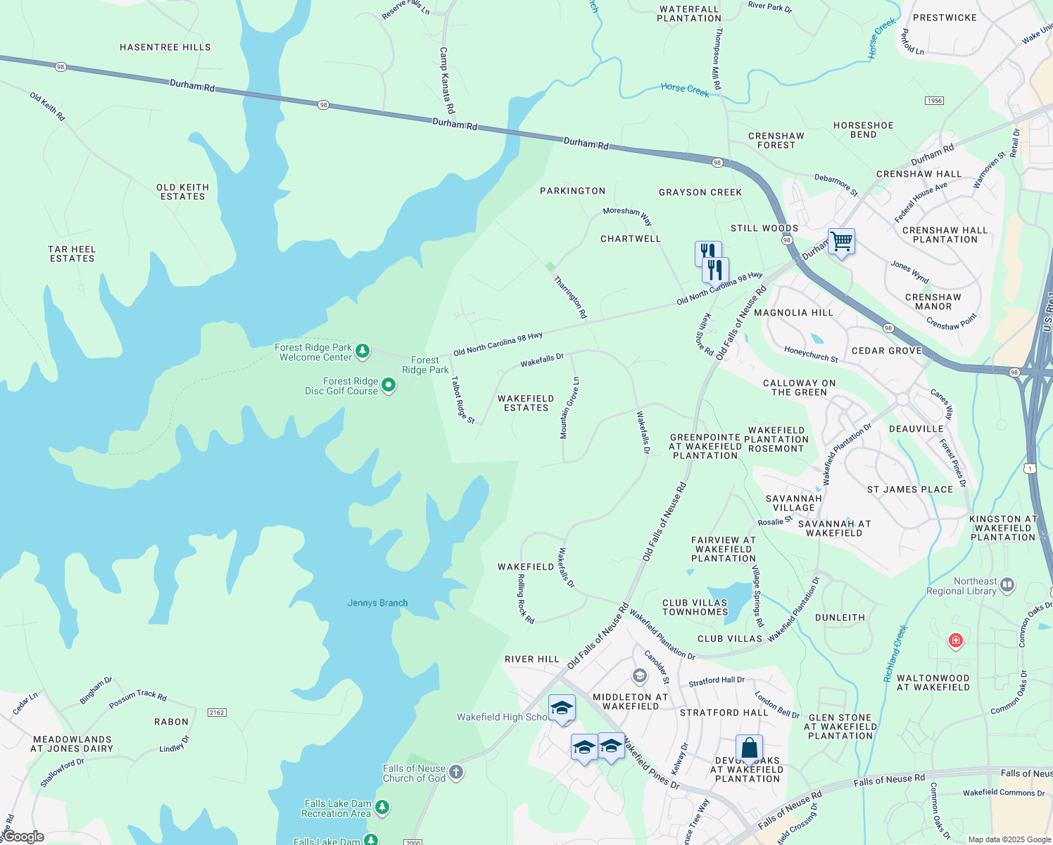 map of restaurants, bars, coffee shops, grocery stores, and more near 1809 Oatlands Court in Wake Forest