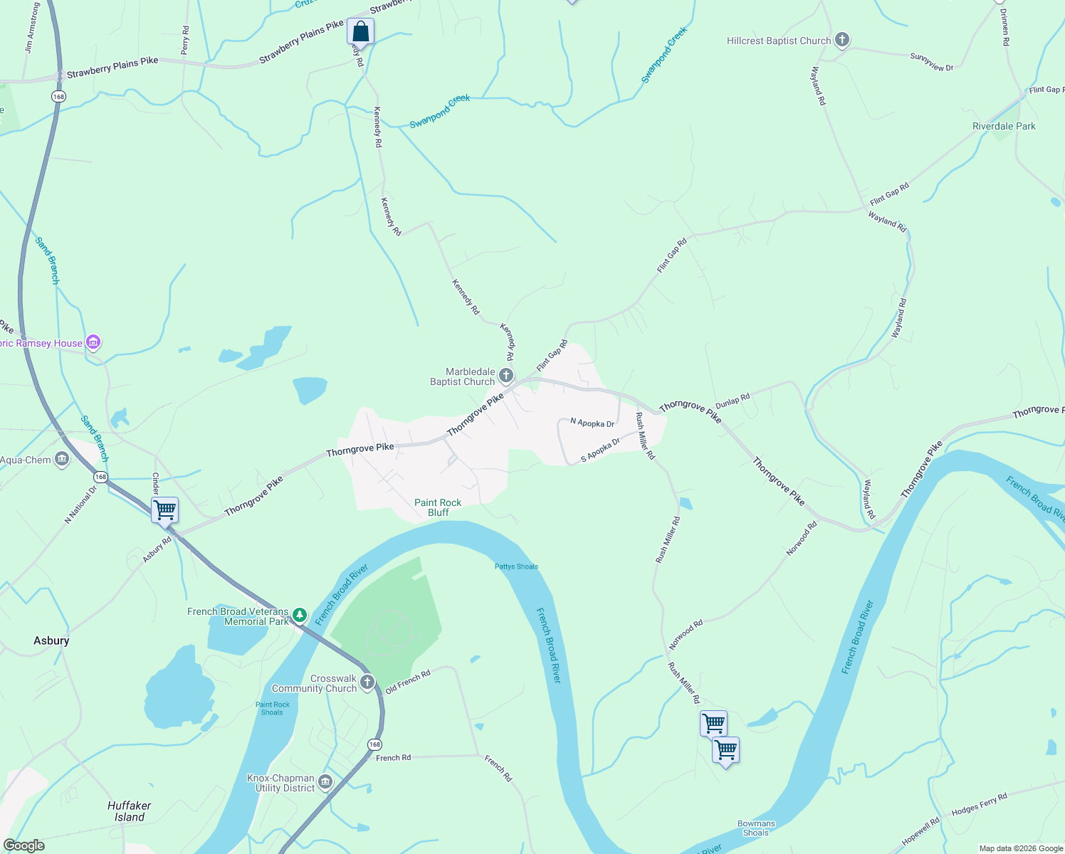 map of restaurants, bars, coffee shops, grocery stores, and more near 5932 Thorngrove Pike in Knoxville