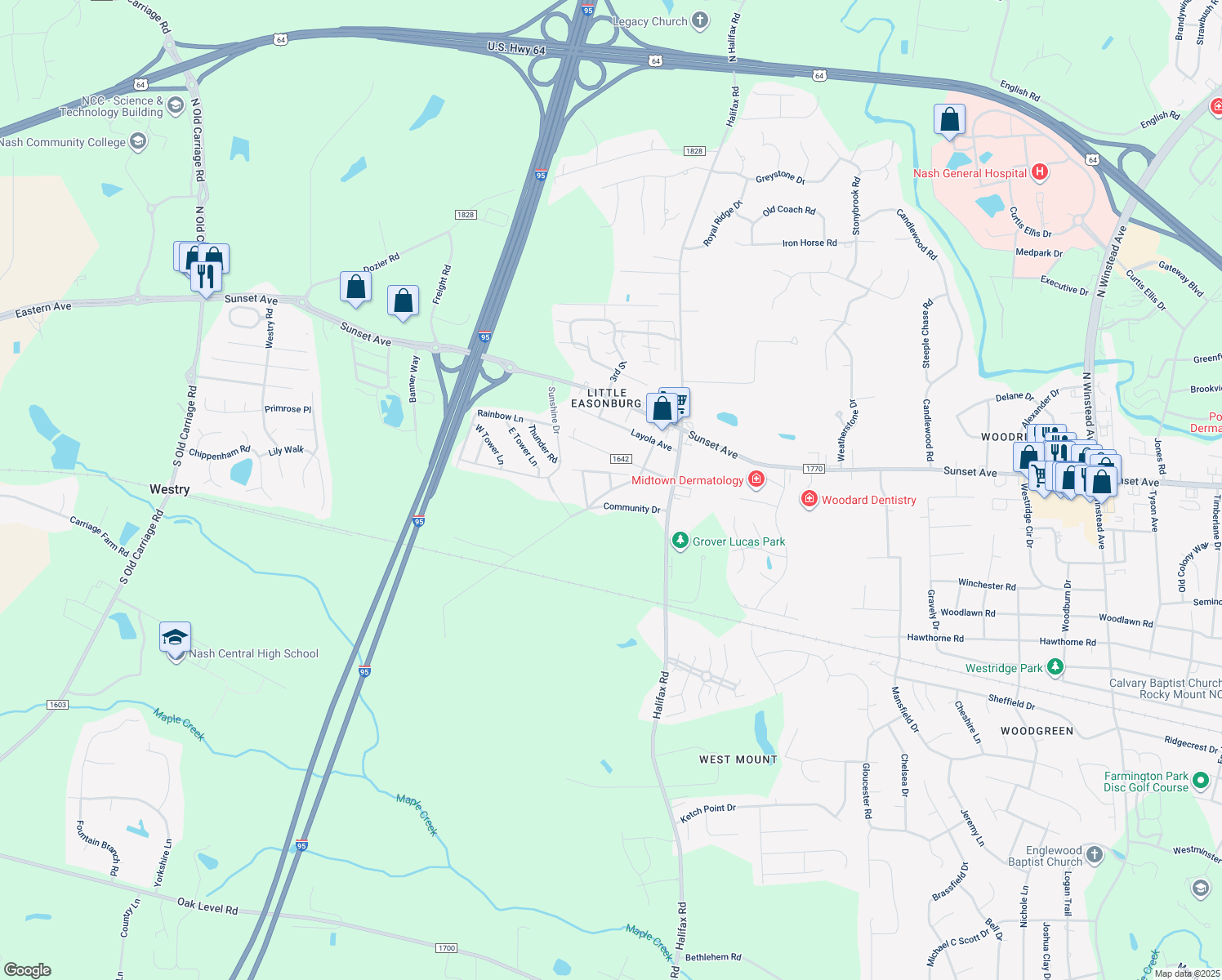 map of restaurants, bars, coffee shops, grocery stores, and more near Pine Terrace in Rocky Mount