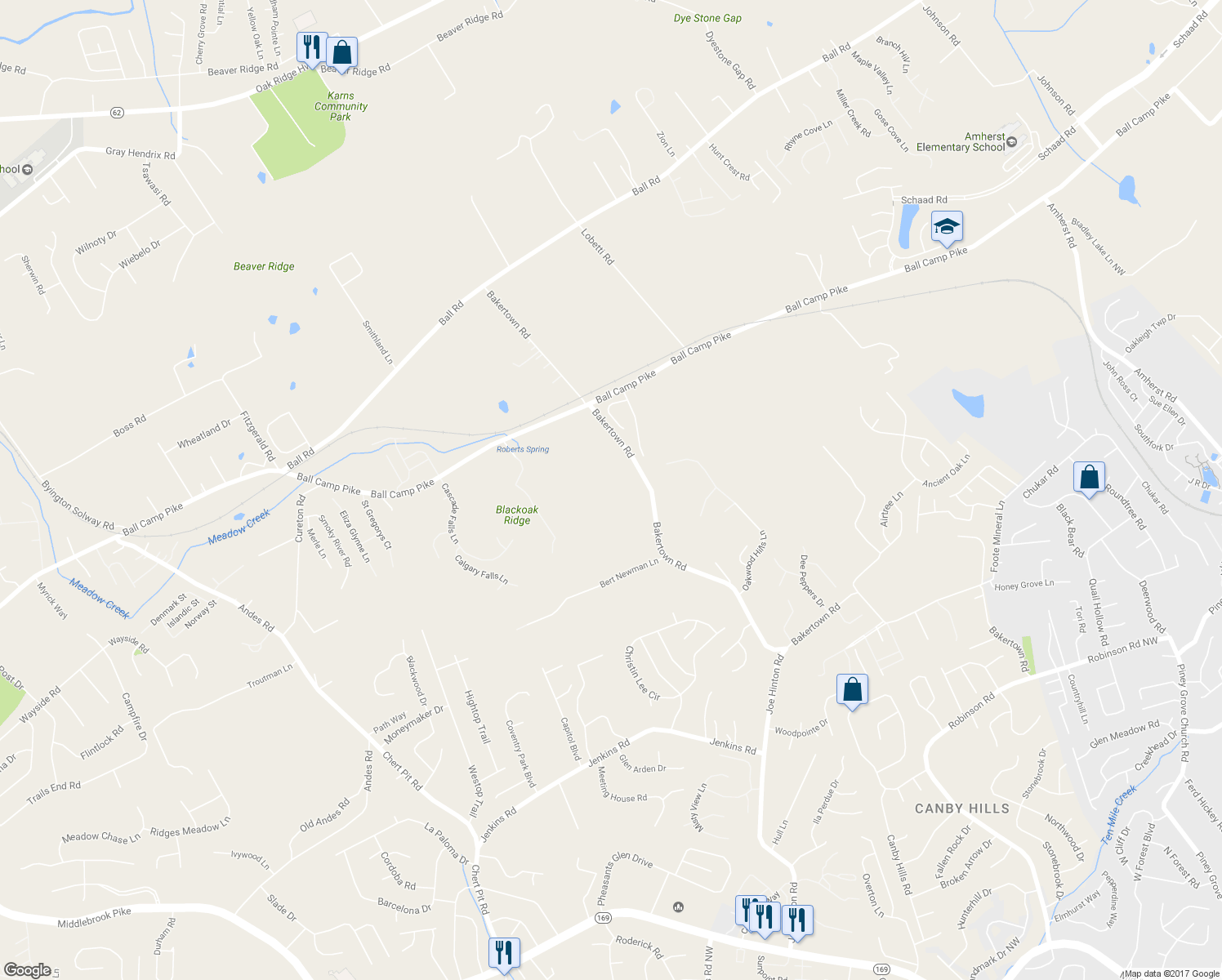 map of restaurants, bars, coffee shops, grocery stores, and more near 7812 Ball Camp Pike in Knoxville