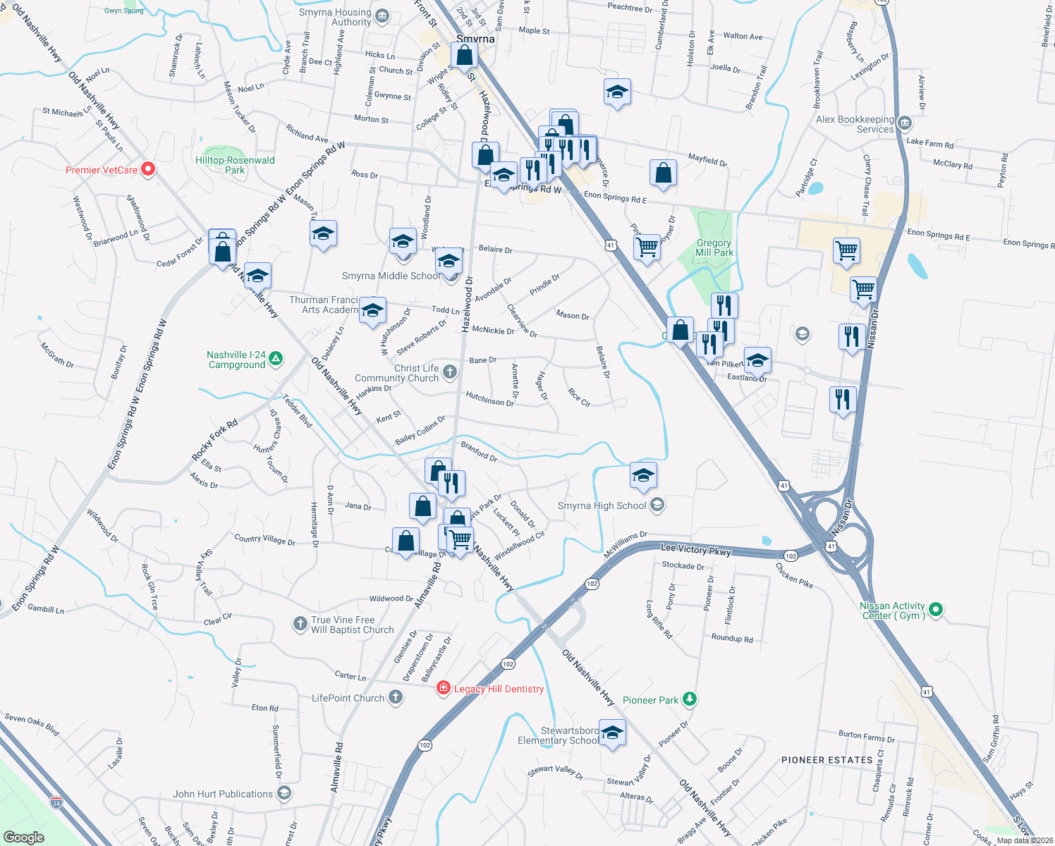 map of restaurants, bars, coffee shops, grocery stores, and more near 123 Bailey Collins Drive in Smyrna