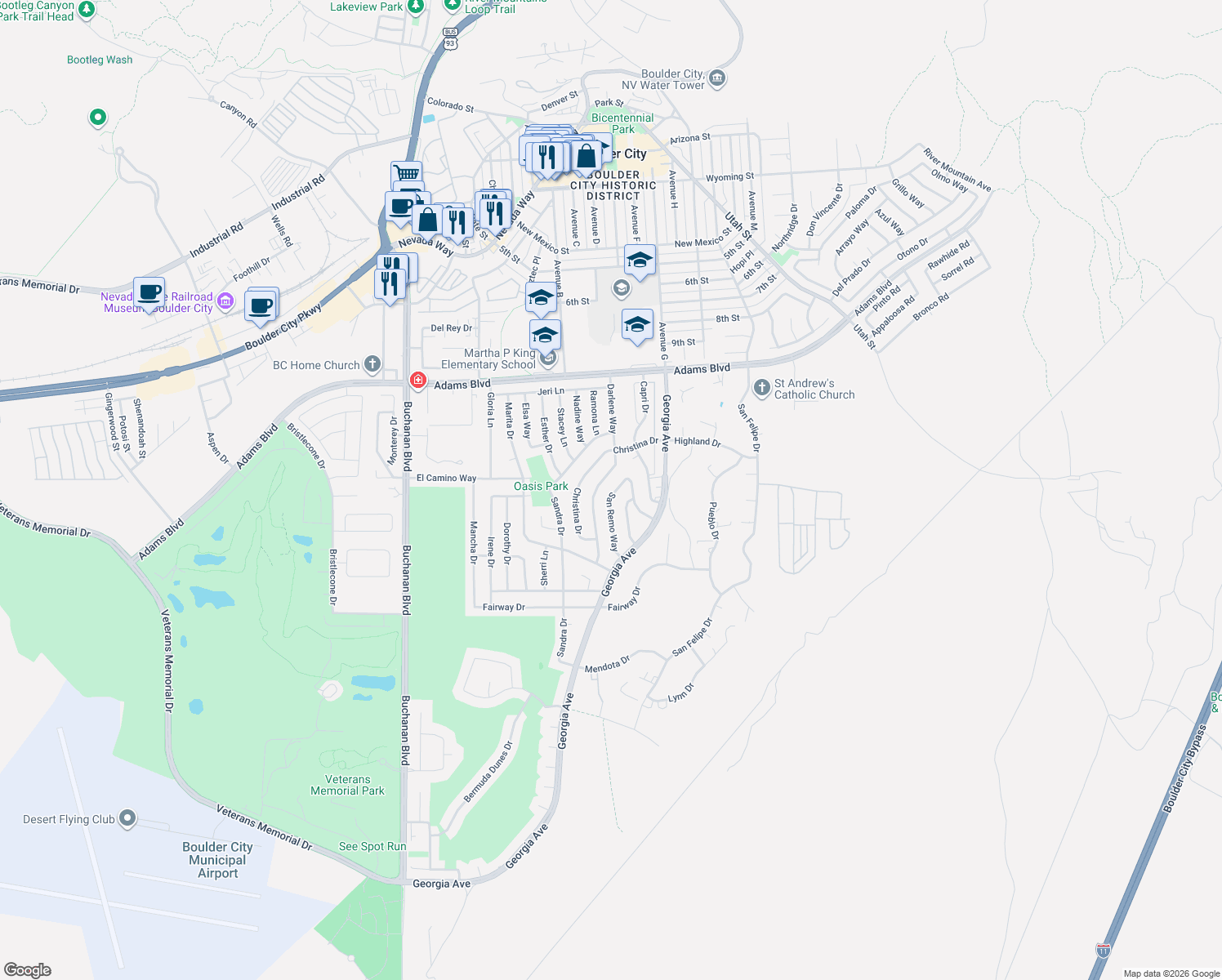 map of restaurants, bars, coffee shops, grocery stores, and more near 776 San Remo Way in Boulder City