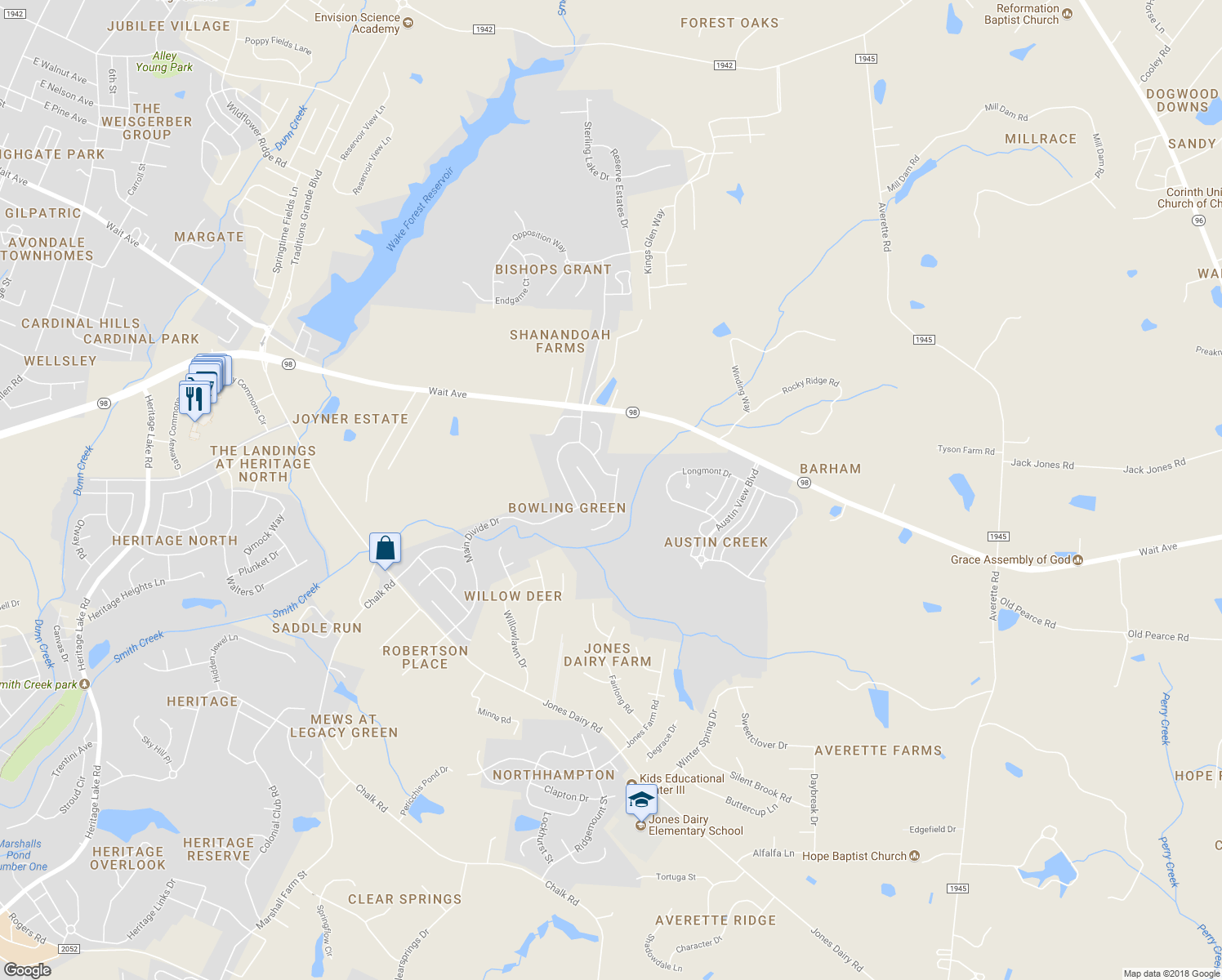 map of restaurants, bars, coffee shops, grocery stores, and more near 308 Cottesbrook Drive in Wake Forest