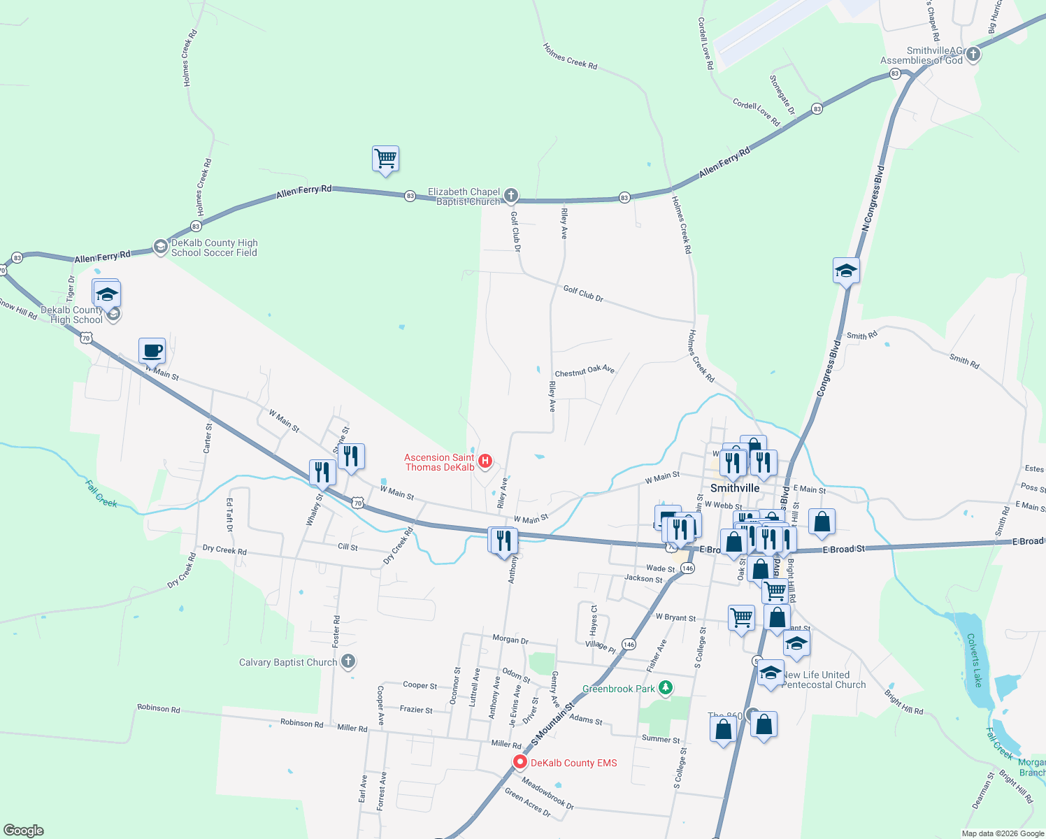 map of restaurants, bars, coffee shops, grocery stores, and more near 301 Riley Avenue in Smithville