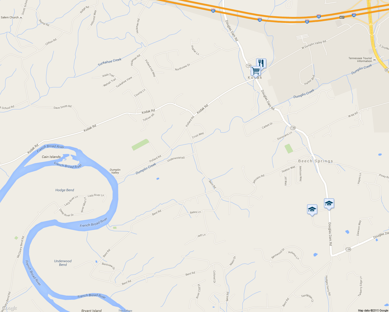 map of restaurants, bars, coffee shops, grocery stores, and more near 4173 Bent Road in Kodak