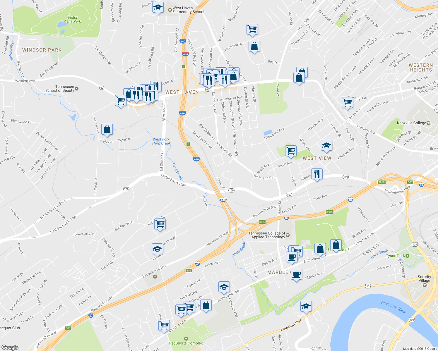 map of restaurants, bars, coffee shops, grocery stores, and more near 1954 Clove Lane in Knoxville