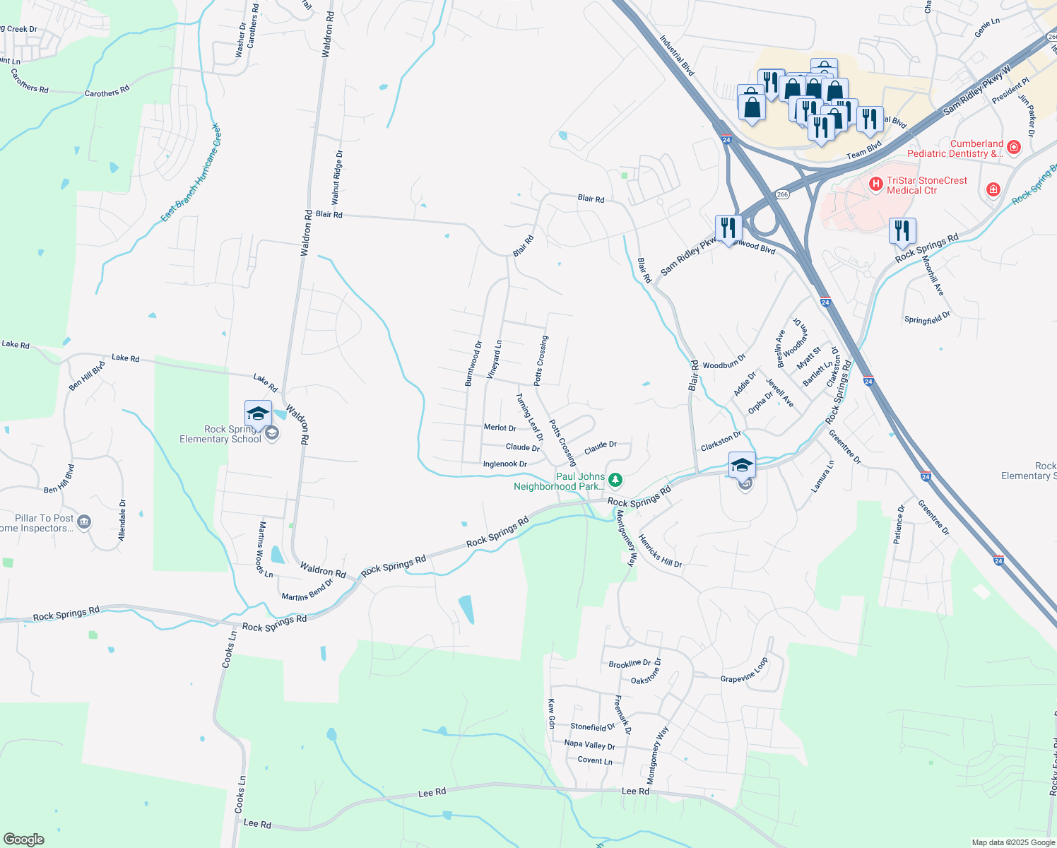 map of restaurants, bars, coffee shops, grocery stores, and more near 7000 Merlot Drive in Smyrna
