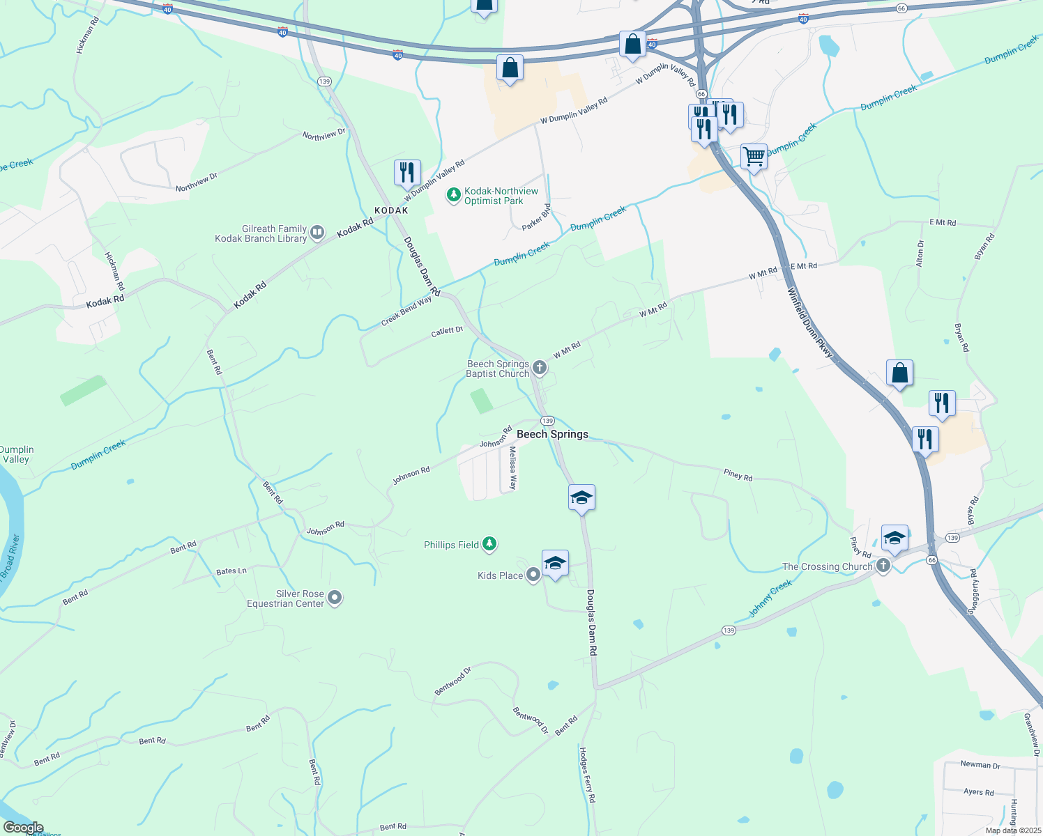 map of restaurants, bars, coffee shops, grocery stores, and more near 422 Johnson Road in Kodak