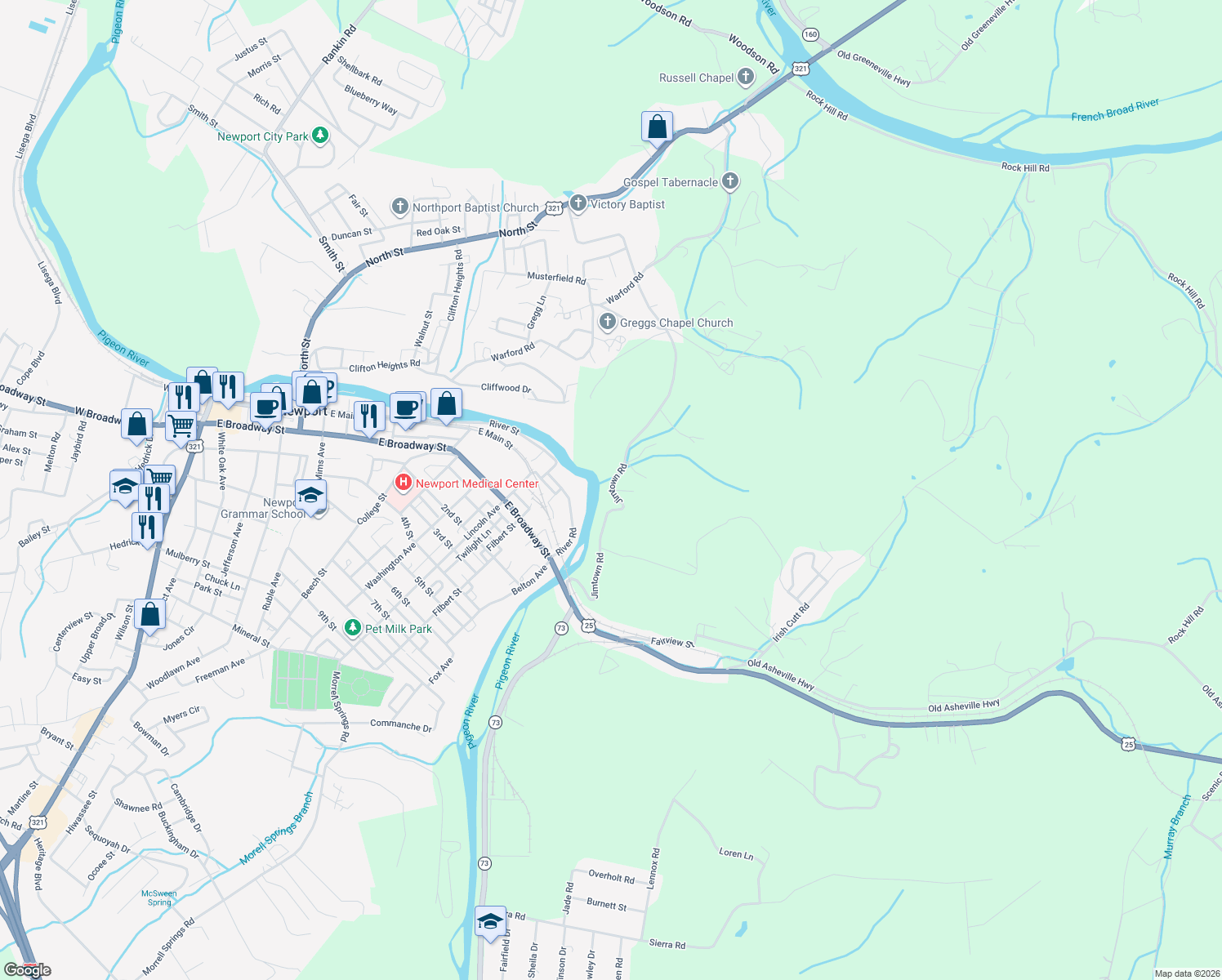 map of restaurants, bars, coffee shops, grocery stores, and more near 531 Jimtown Road in Newport