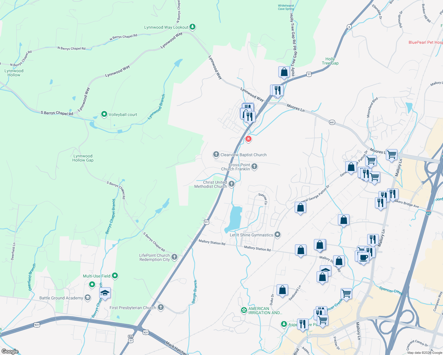 map of restaurants, bars, coffee shops, grocery stores, and more near 517 Franklin Rd in Franklin