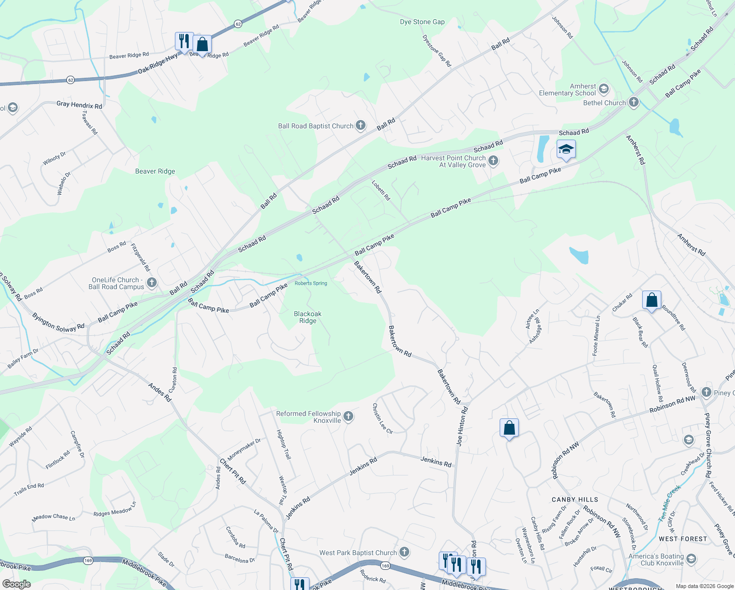 map of restaurants, bars, coffee shops, grocery stores, and more near 7812 Ball Camp Pike in Knoxville
