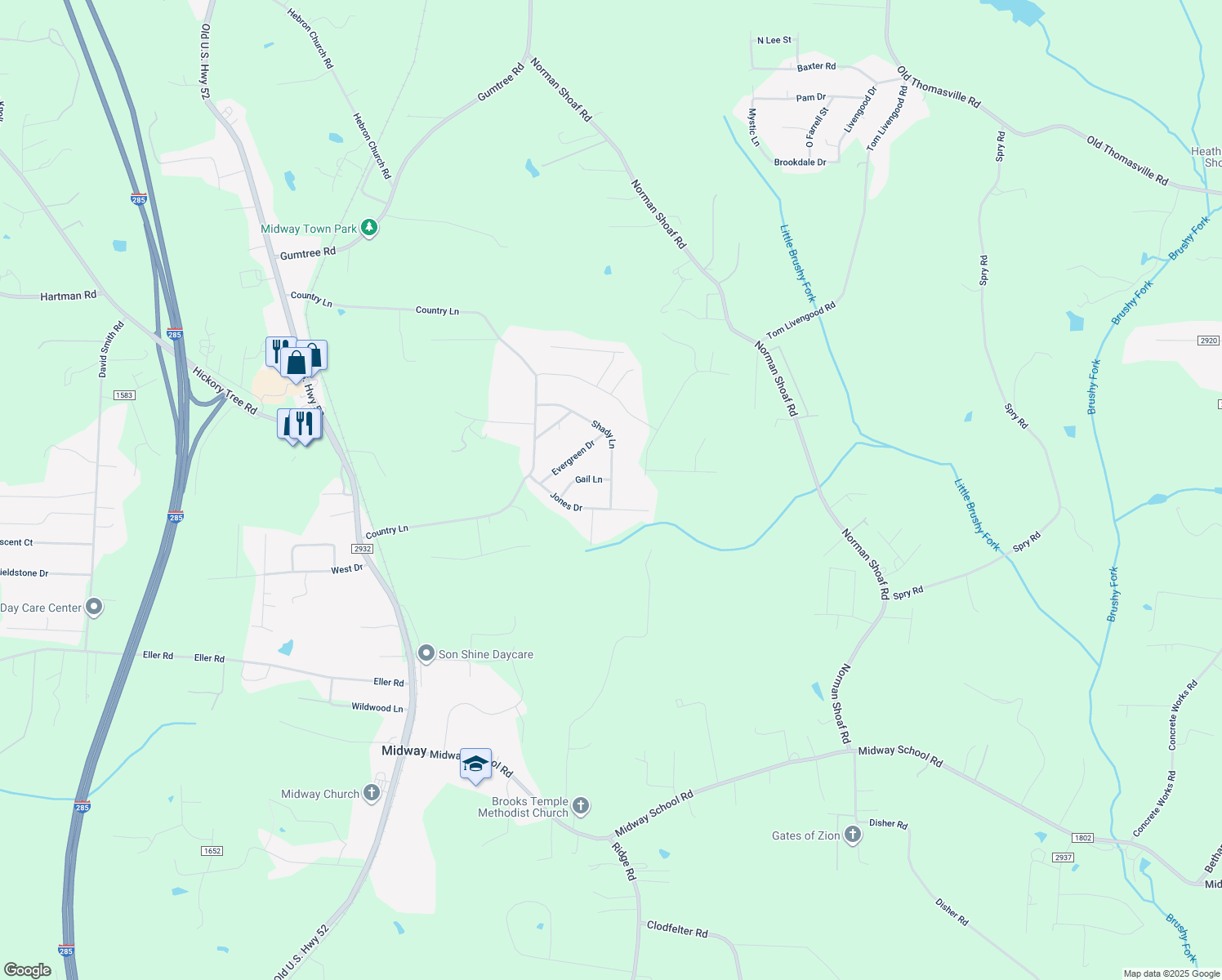 map of restaurants, bars, coffee shops, grocery stores, and more near 511 Shady Lane in Winston-Salem