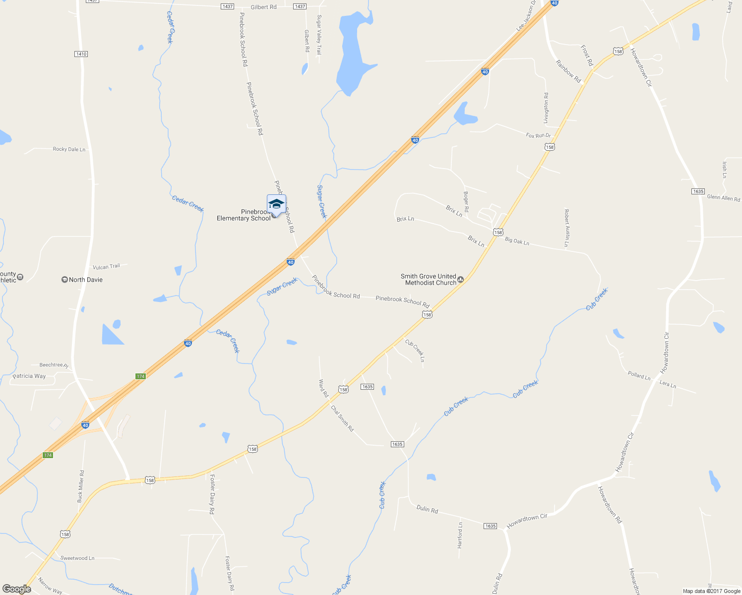 map of restaurants, bars, coffee shops, grocery stores, and more near 218 Pinebrook School Road in Mocksville