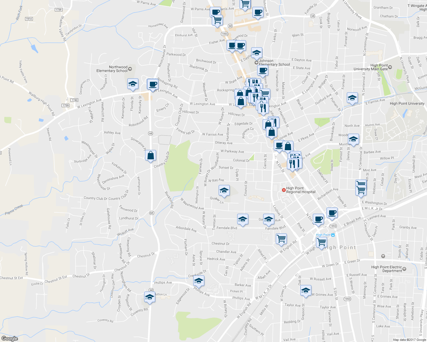 map of restaurants, bars, coffee shops, grocery stores, and more near 1214 Woodland Place in High Point