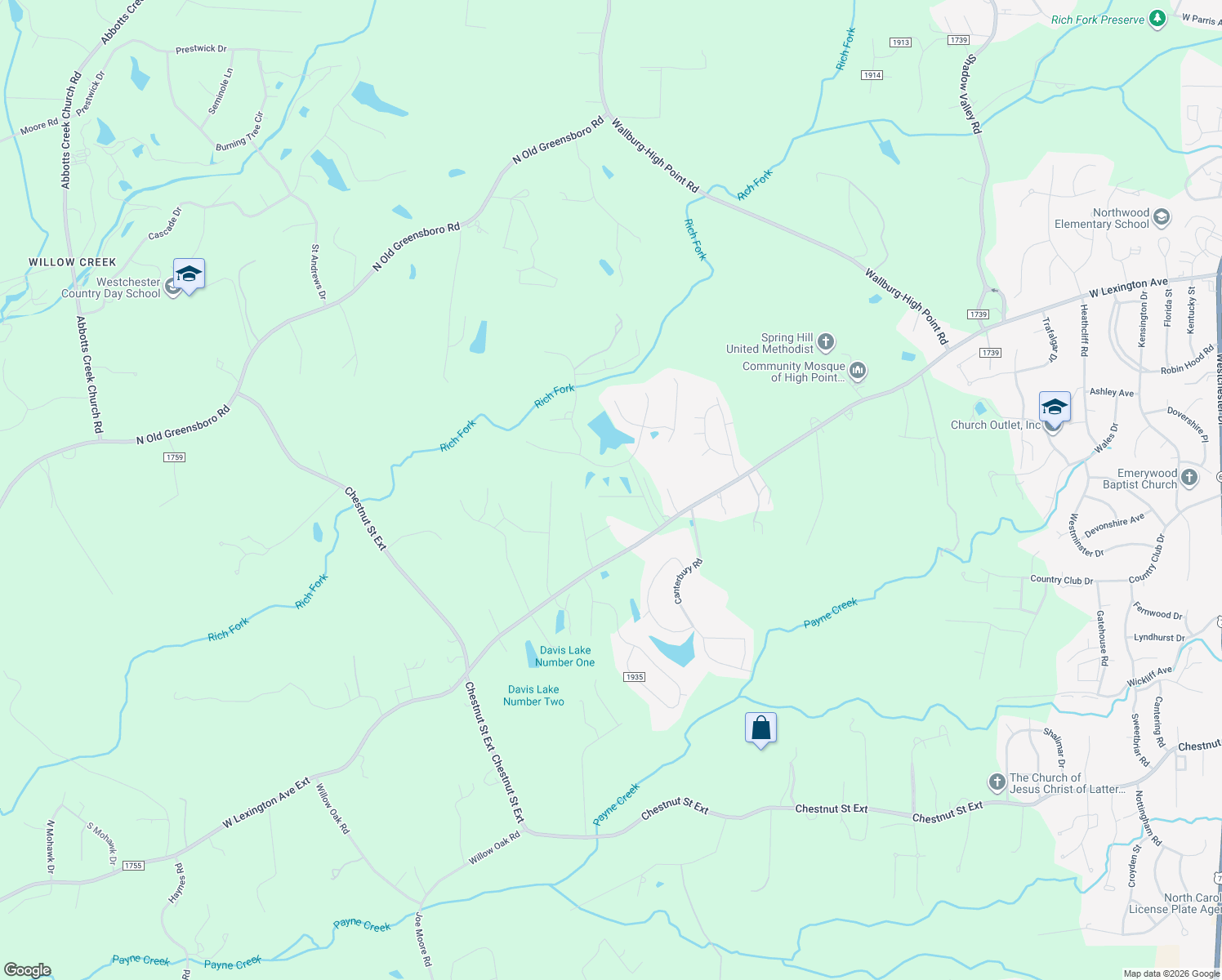 map of restaurants, bars, coffee shops, grocery stores, and more near 2814 Churchill Court in High Point
