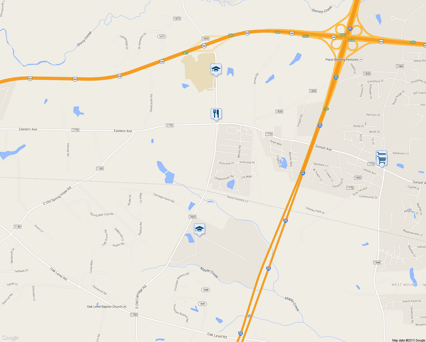 map of restaurants, bars, coffee shops, grocery stores, and more near 108 Chickasaw Court in Rocky Mount