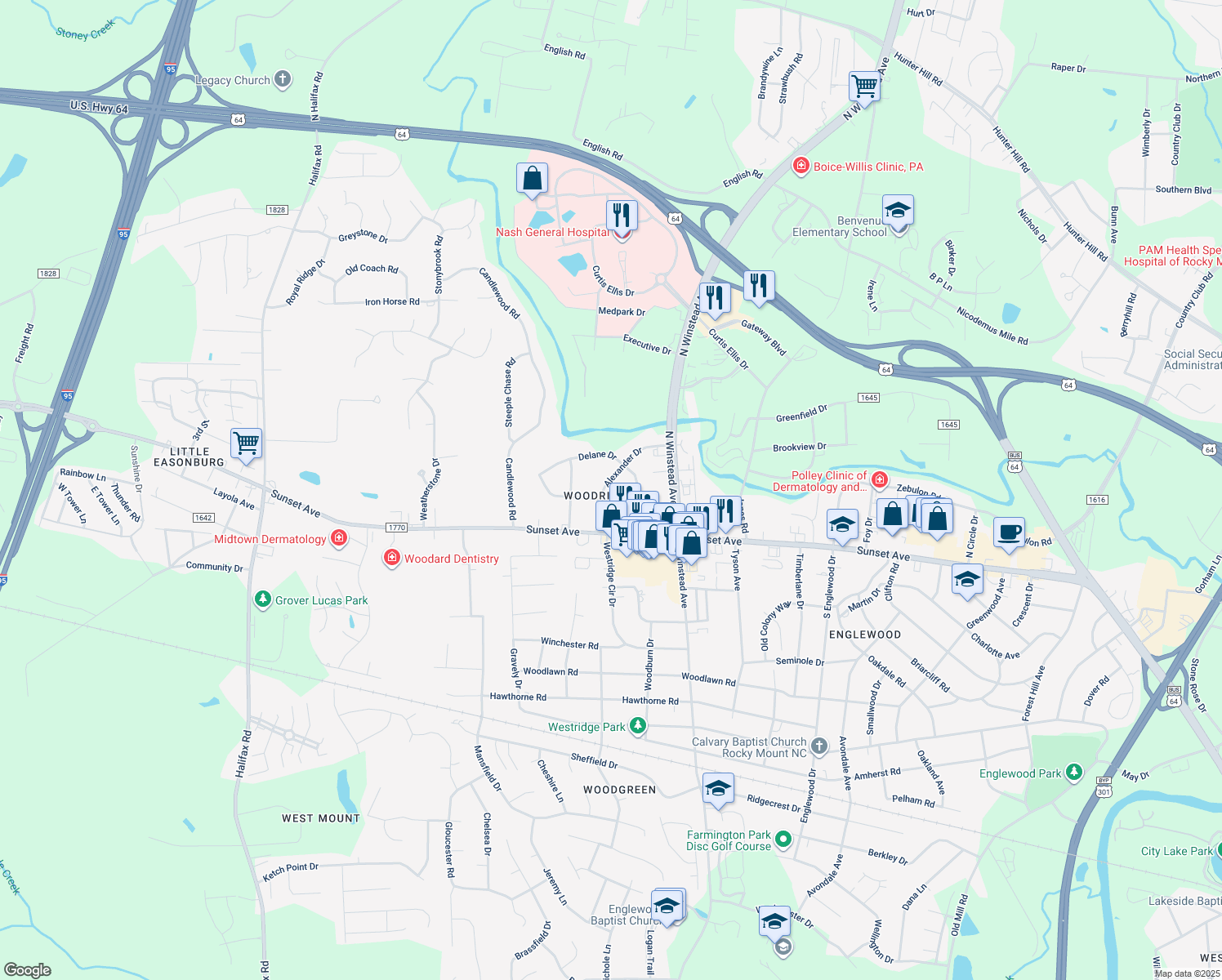 map of restaurants, bars, coffee shops, grocery stores, and more near 205 Alexander Drive in Rocky Mount