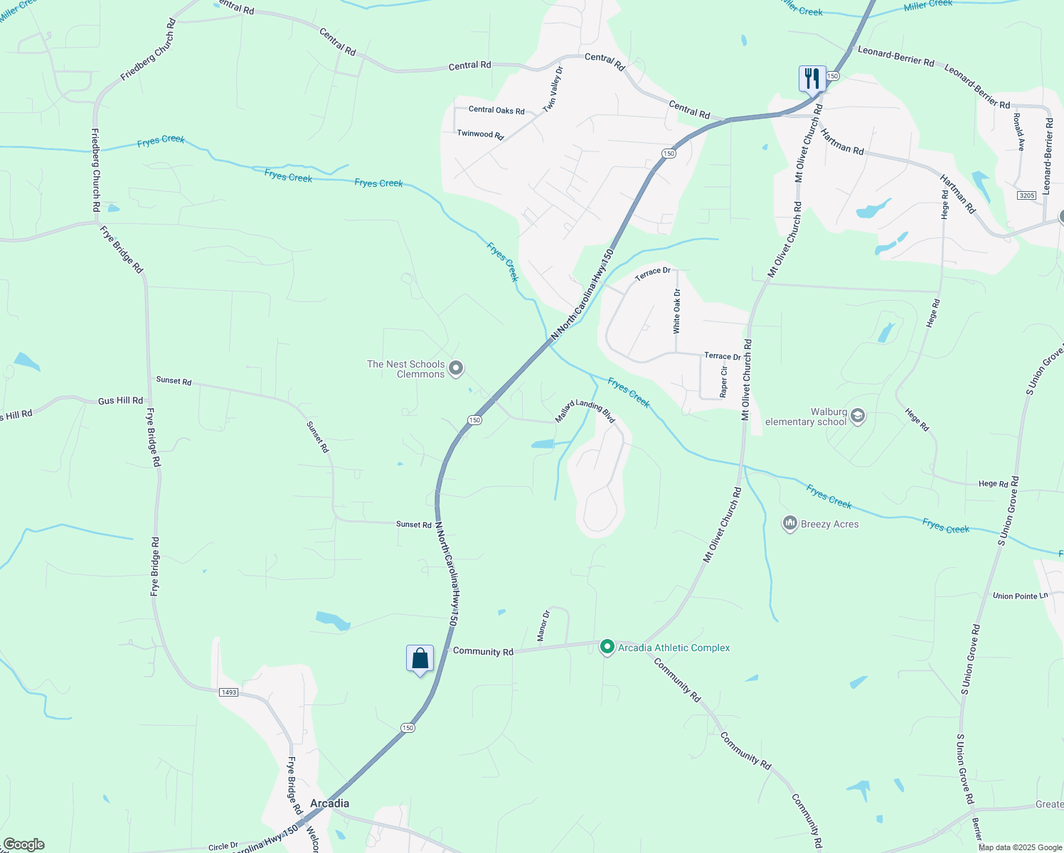 map of restaurants, bars, coffee shops, grocery stores, and more near 262 Mallard Landing Boulevard in Clemmons