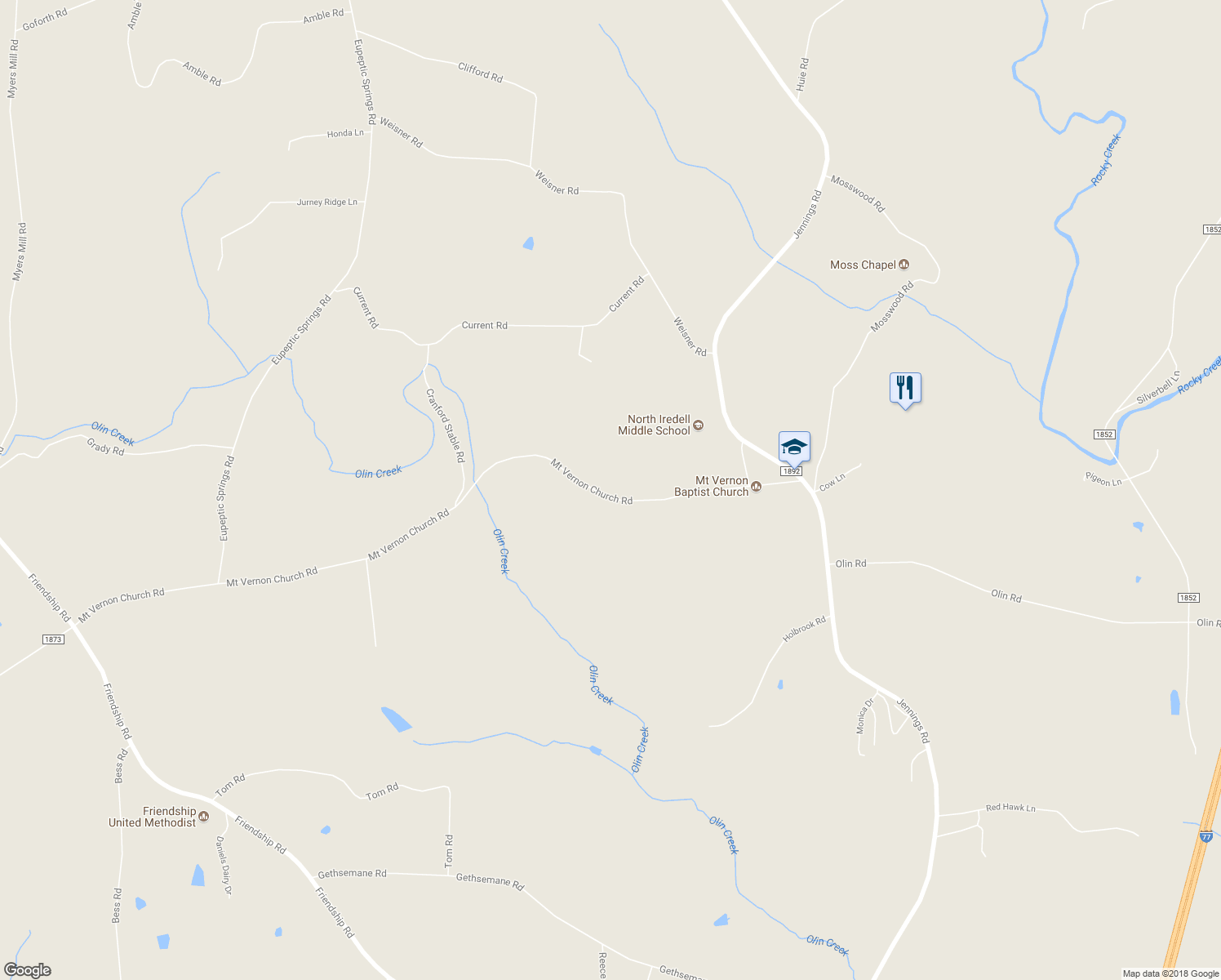 map of restaurants, bars, coffee shops, grocery stores, and more near 256 Mount Vernon Church Road in Olin