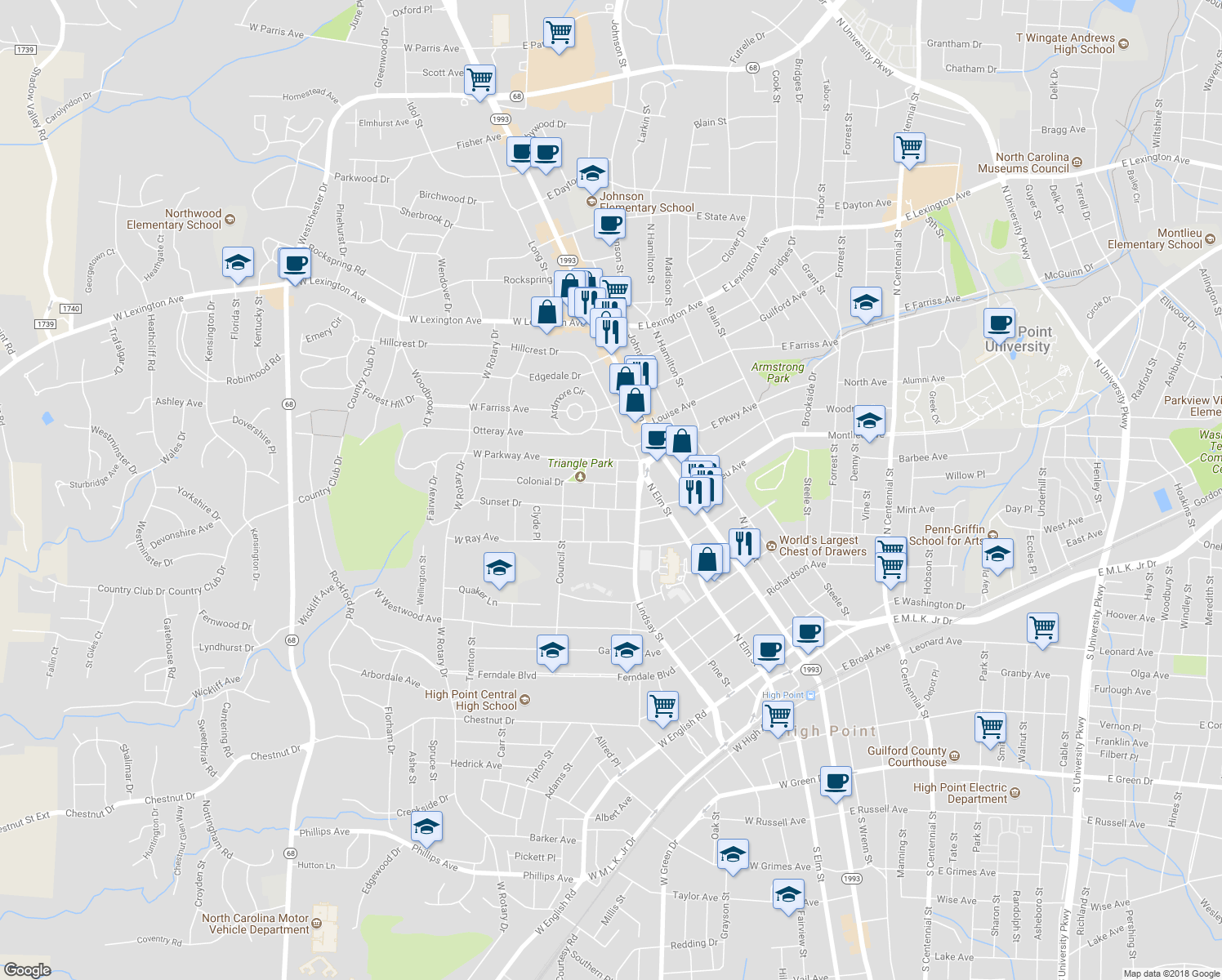 map of restaurants, bars, coffee shops, grocery stores, and more near 811 Carrick Street in High Point