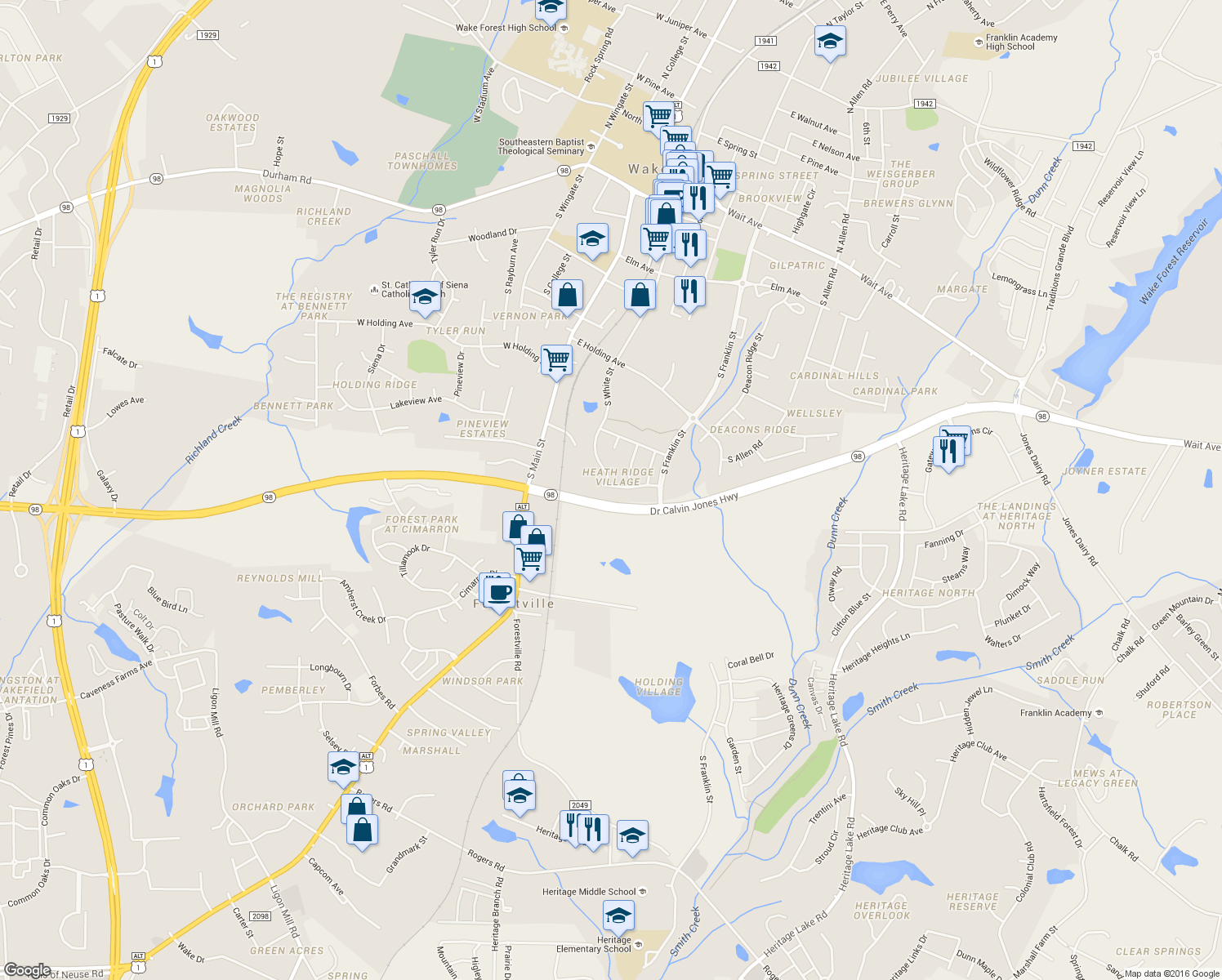 map of restaurants, bars, coffee shops, grocery stores, and more near 224 Sugar Maple Avenue in Wake Forest