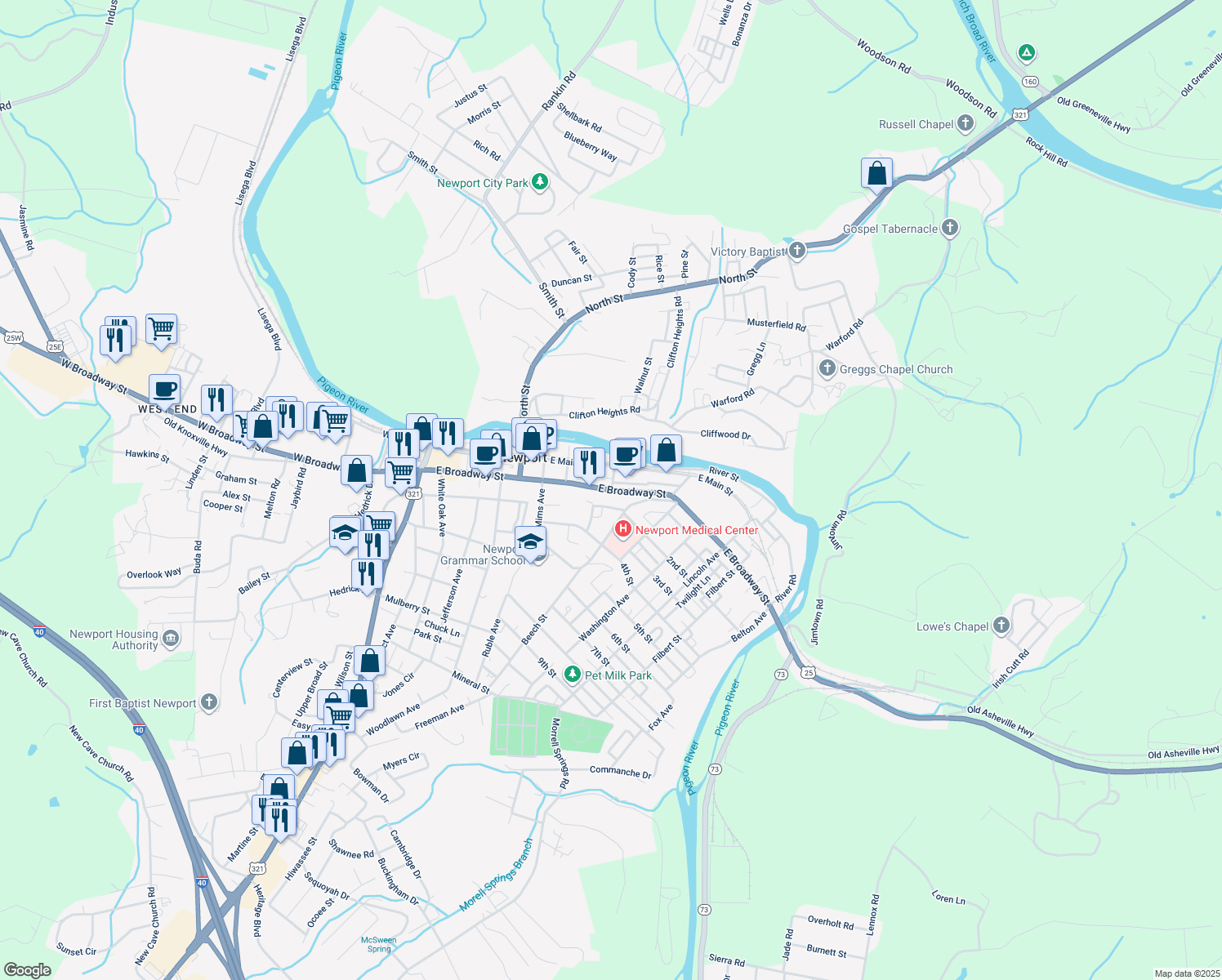 map of restaurants, bars, coffee shops, grocery stores, and more near East Broadway Street in Newport
