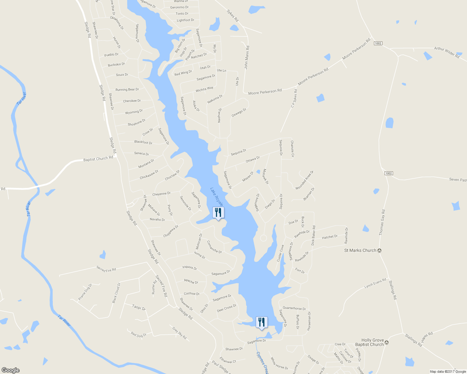 map of restaurants, bars, coffee shops, grocery stores, and more near 108 Mayan Drive in Louisburg