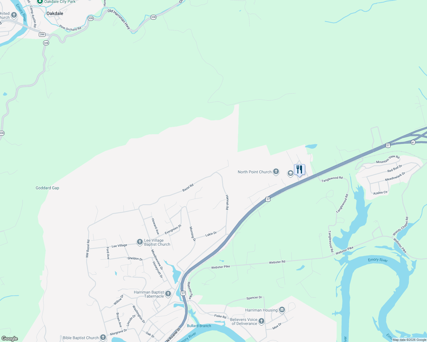 map of restaurants, bars, coffee shops, grocery stores, and more near 959 Bazel Road in Harriman