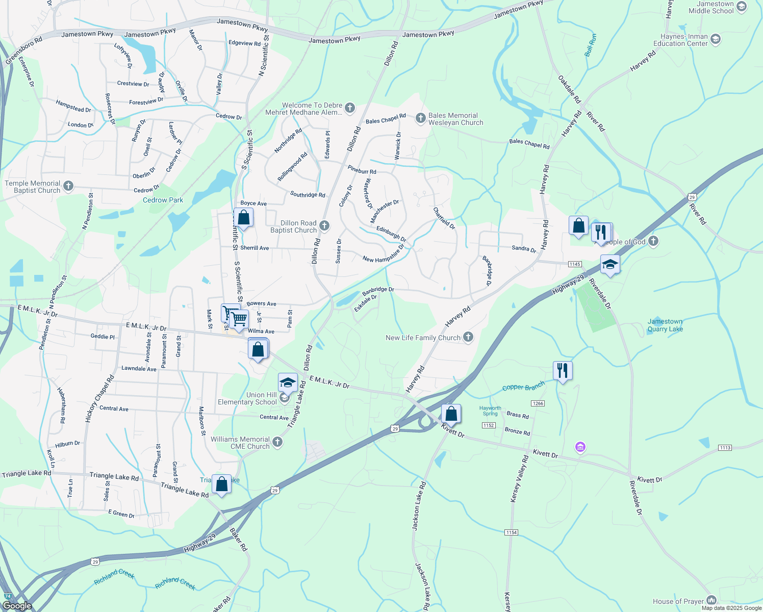 map of restaurants, bars, coffee shops, grocery stores, and more near 1682 Coryton Way in High Point