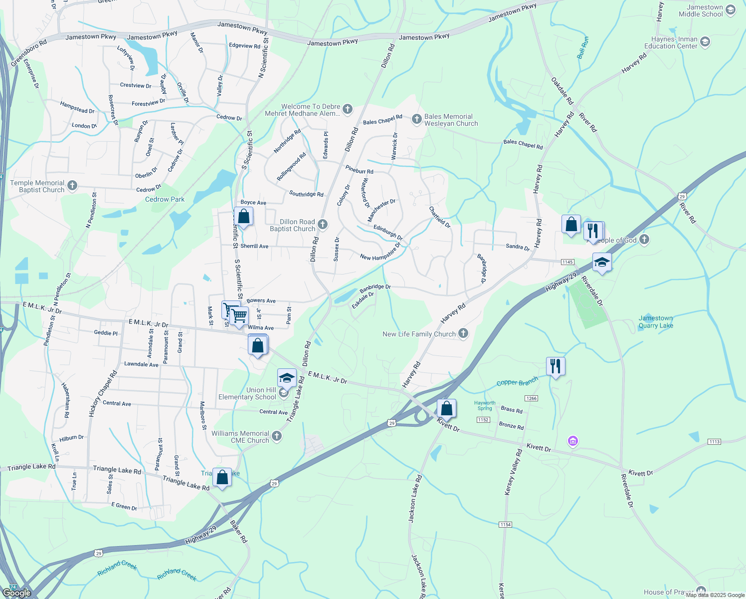 map of restaurants, bars, coffee shops, grocery stores, and more near 1687 Coryton Way in High Point