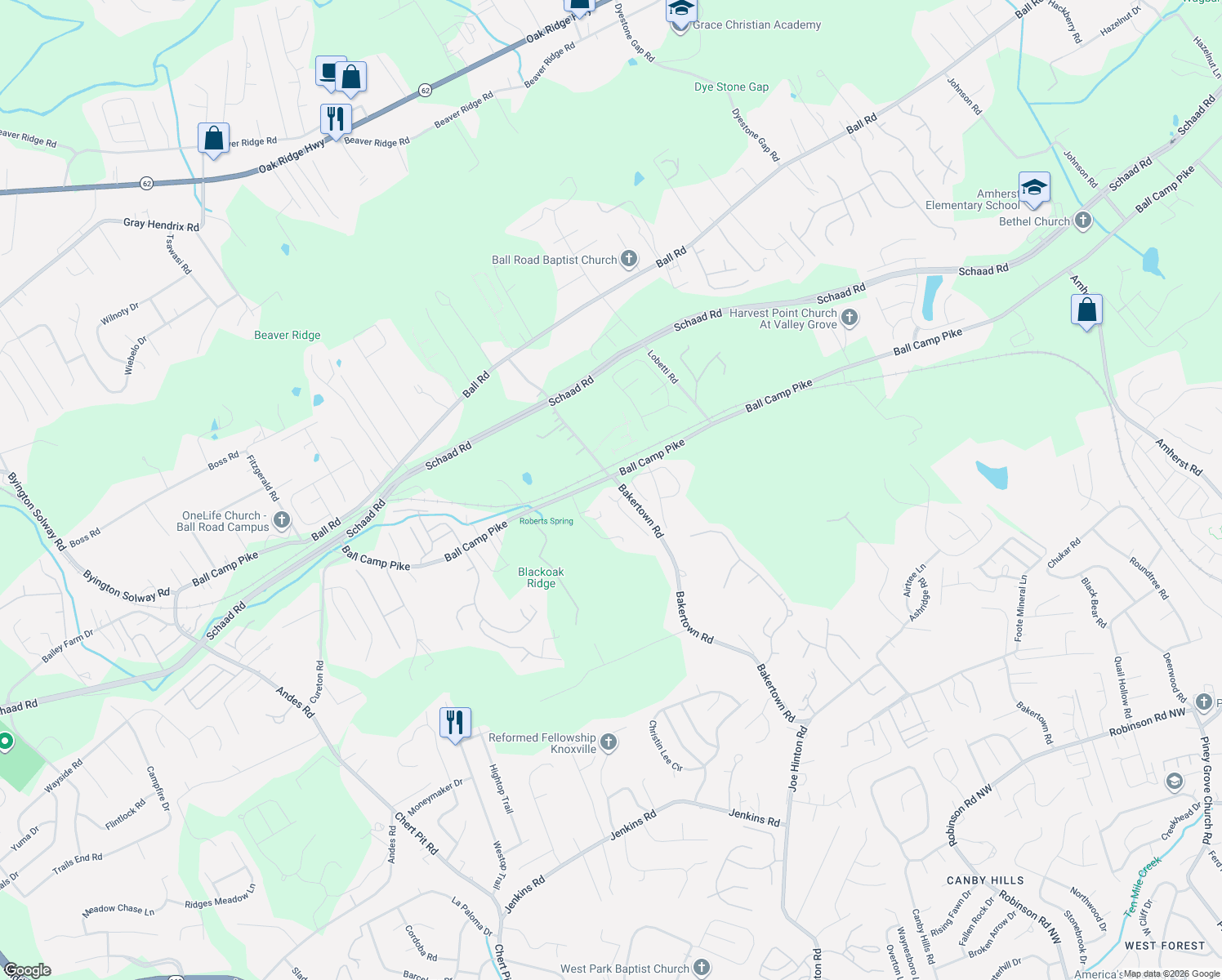 map of restaurants, bars, coffee shops, grocery stores, and more near 3120 Bakertown Station Way in Knoxville