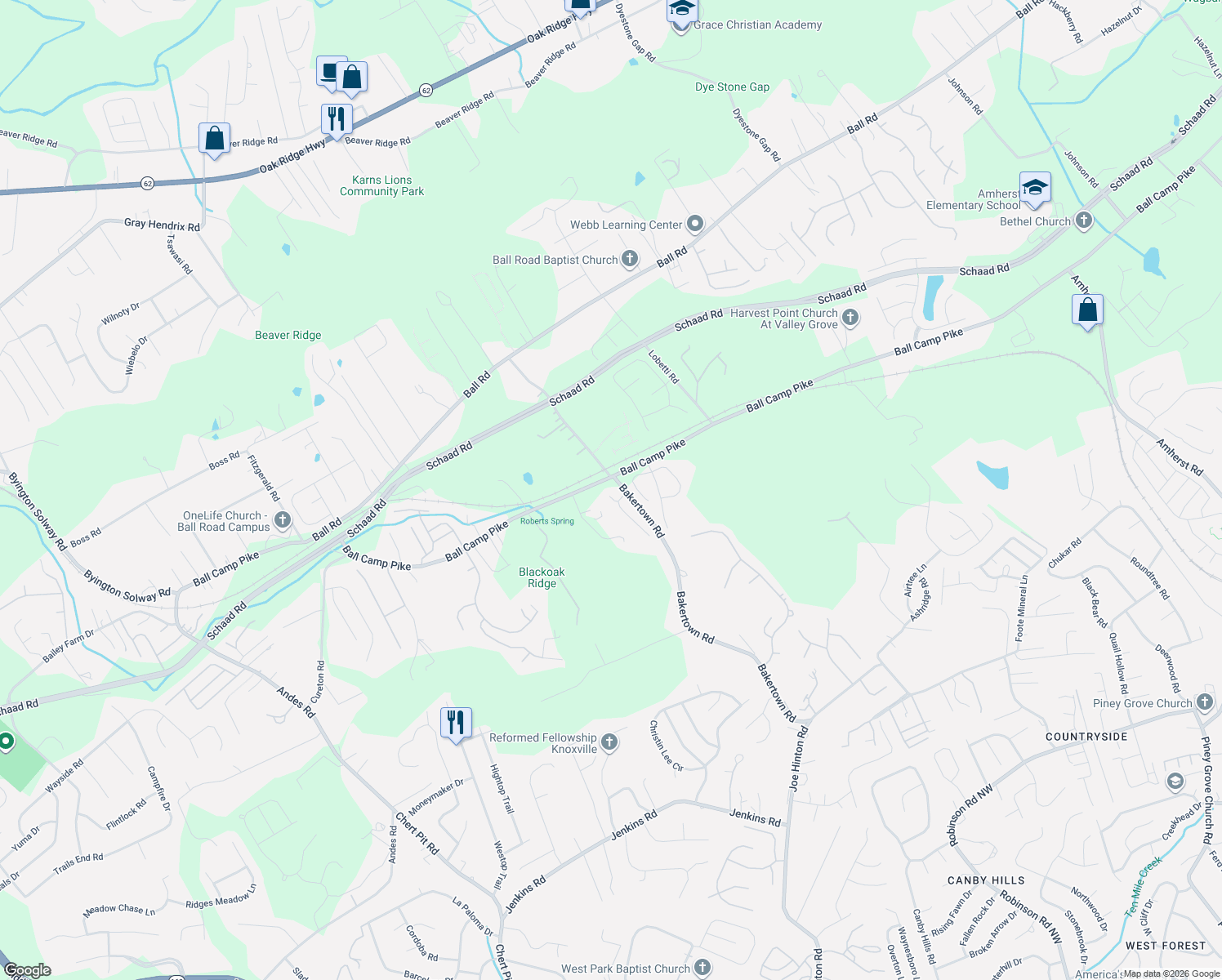 map of restaurants, bars, coffee shops, grocery stores, and more near 3120 Bakertown Station Way in Knoxville