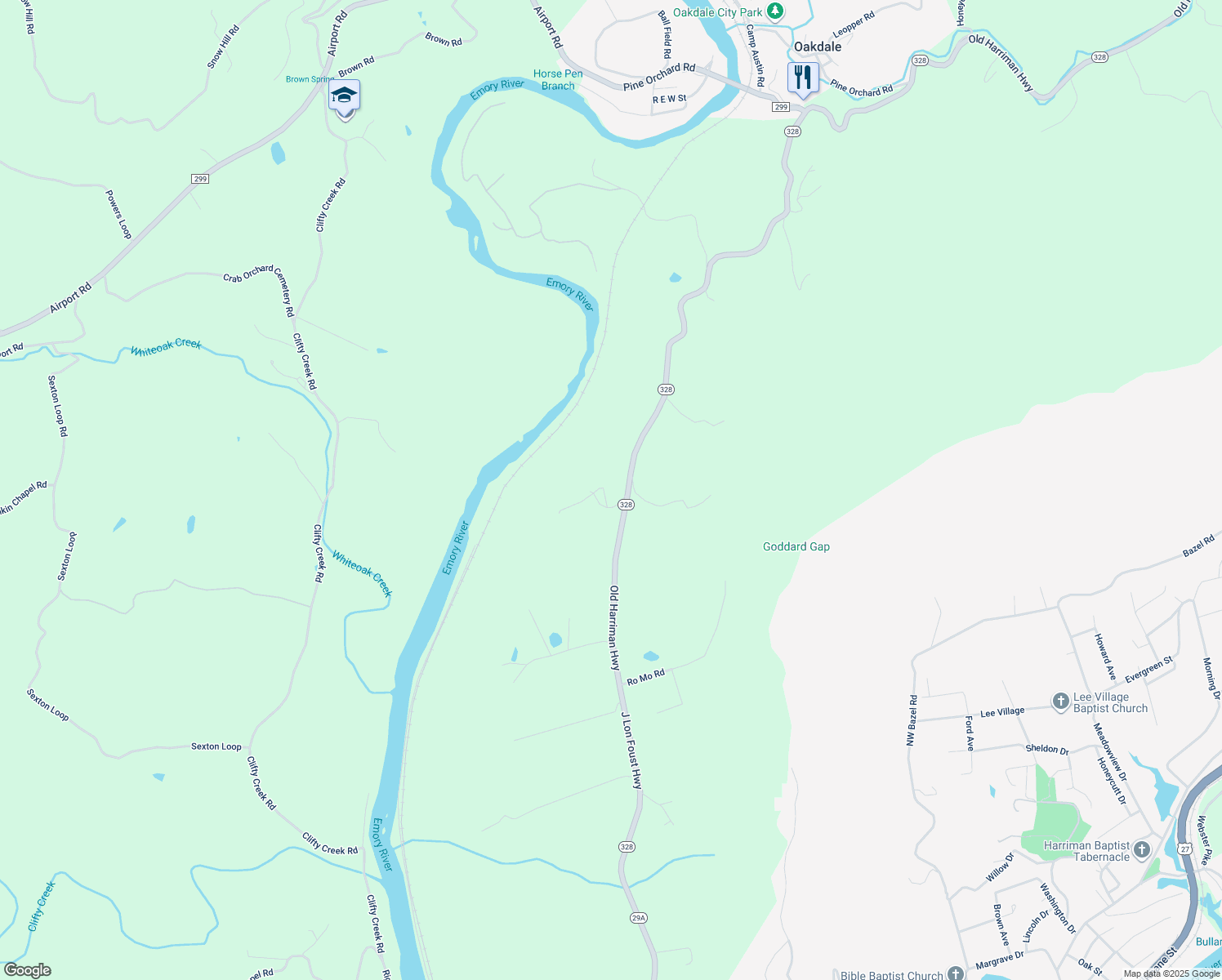 map of restaurants, bars, coffee shops, grocery stores, and more near 118 Jackson Drive in Harriman