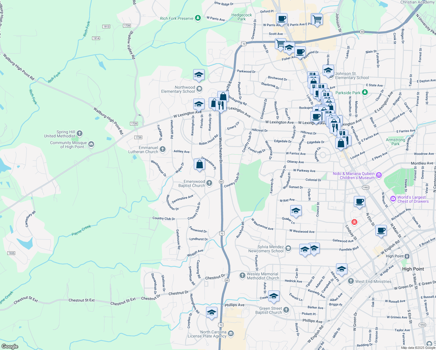map of restaurants, bars, coffee shops, grocery stores, and more near 1218 Dovershire Pl in High Point