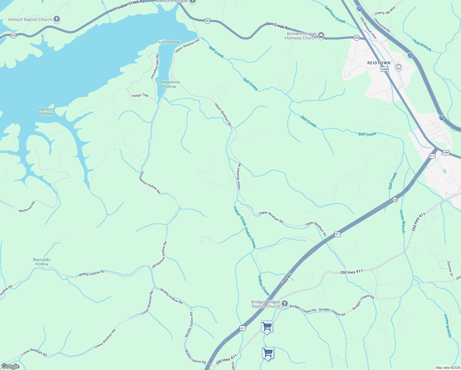 map of restaurants, bars, coffee shops, grocery stores, and more near 2054 Upper Rinehart Rd in Dandridge