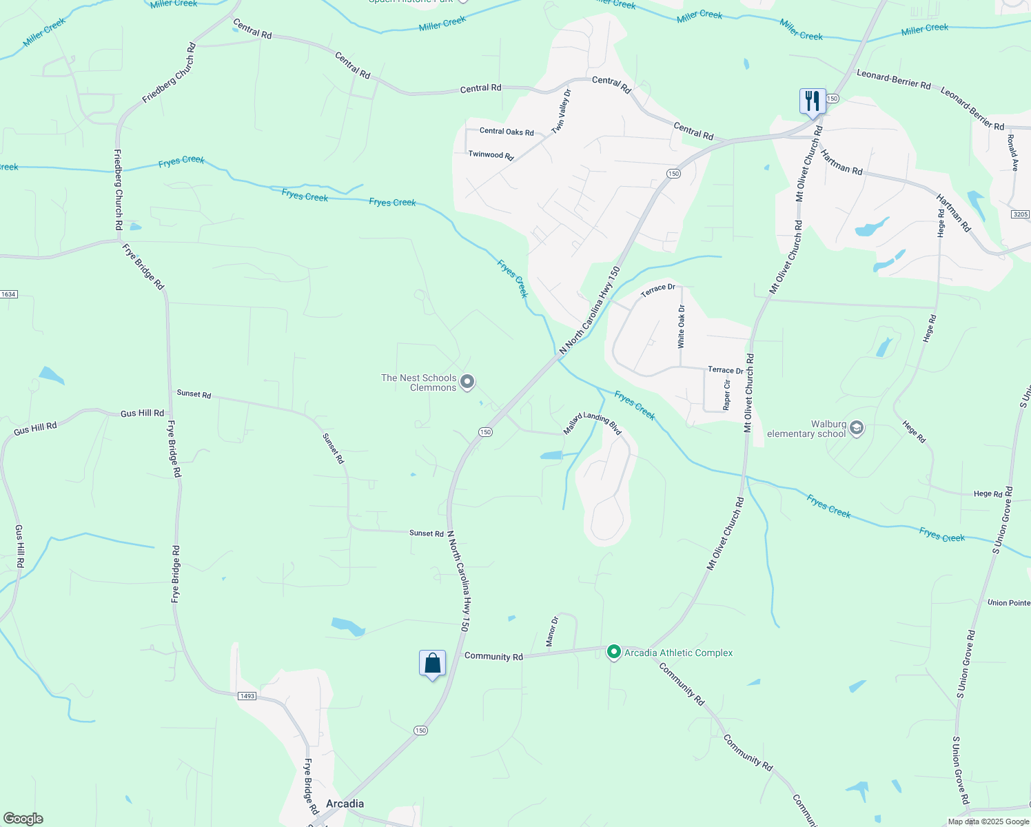 map of restaurants, bars, coffee shops, grocery stores, and more near 1102 Pelican Lane in Clemmons