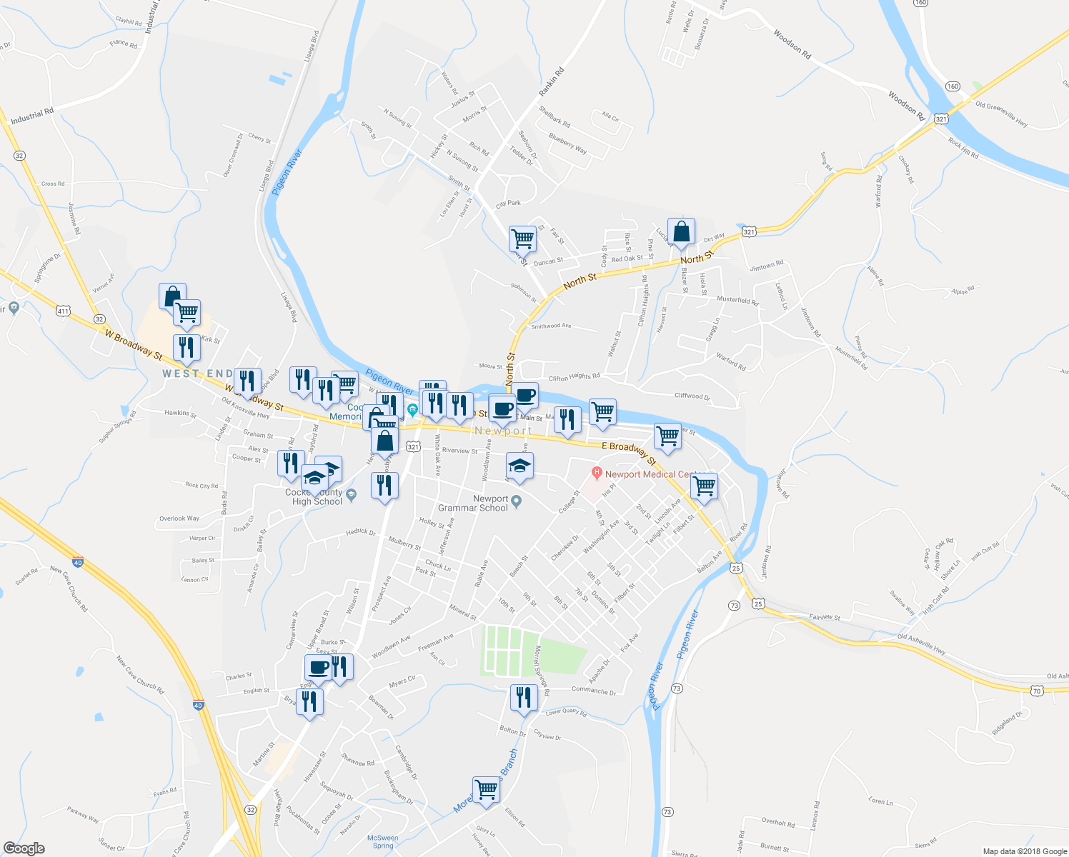 map of restaurants, bars, coffee shops, grocery stores, and more near 301 East Main Street in Newport