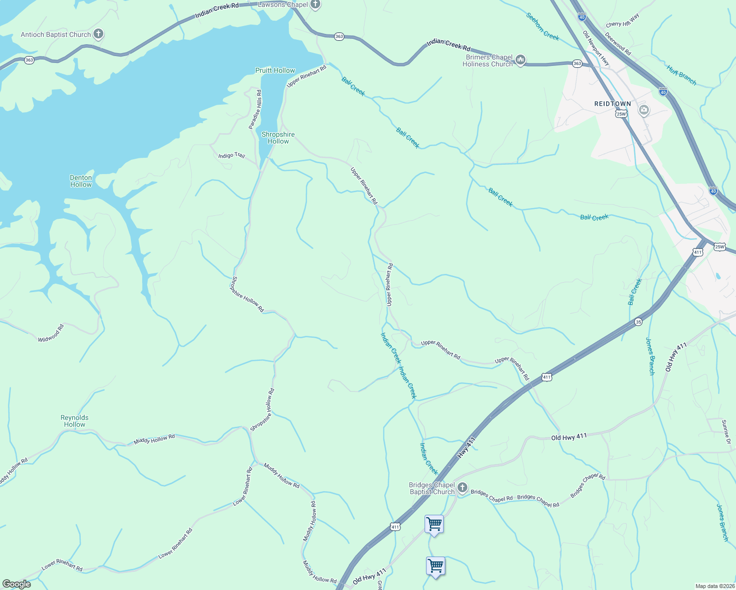 map of restaurants, bars, coffee shops, grocery stores, and more near 2054 Upper Rinehart Rd in Dandridge