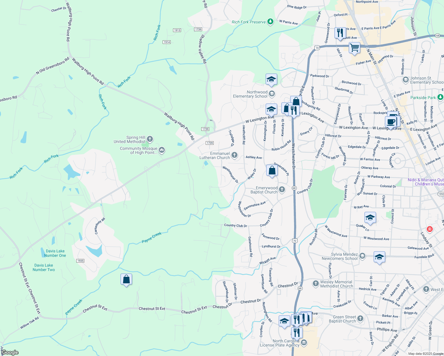 map of restaurants, bars, coffee shops, grocery stores, and more near 1312 Gilbrook Court in High Point