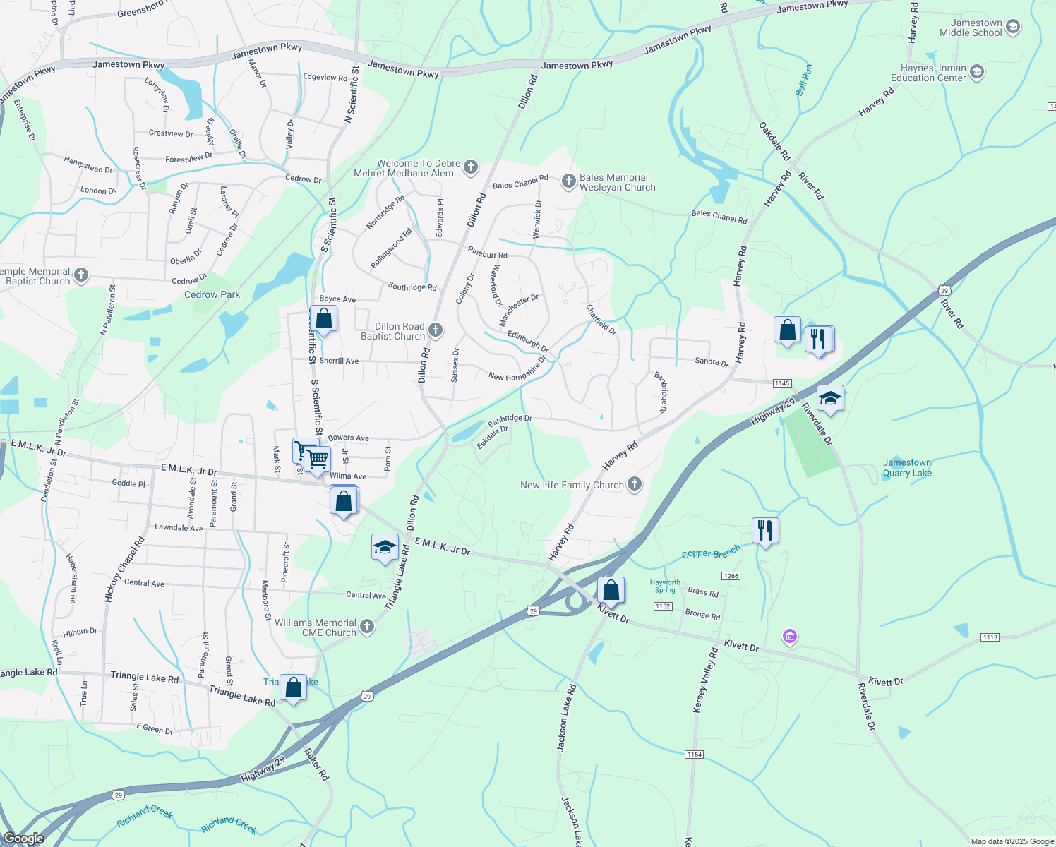 map of restaurants, bars, coffee shops, grocery stores, and more near 3816 Banbridge Drive in High Point