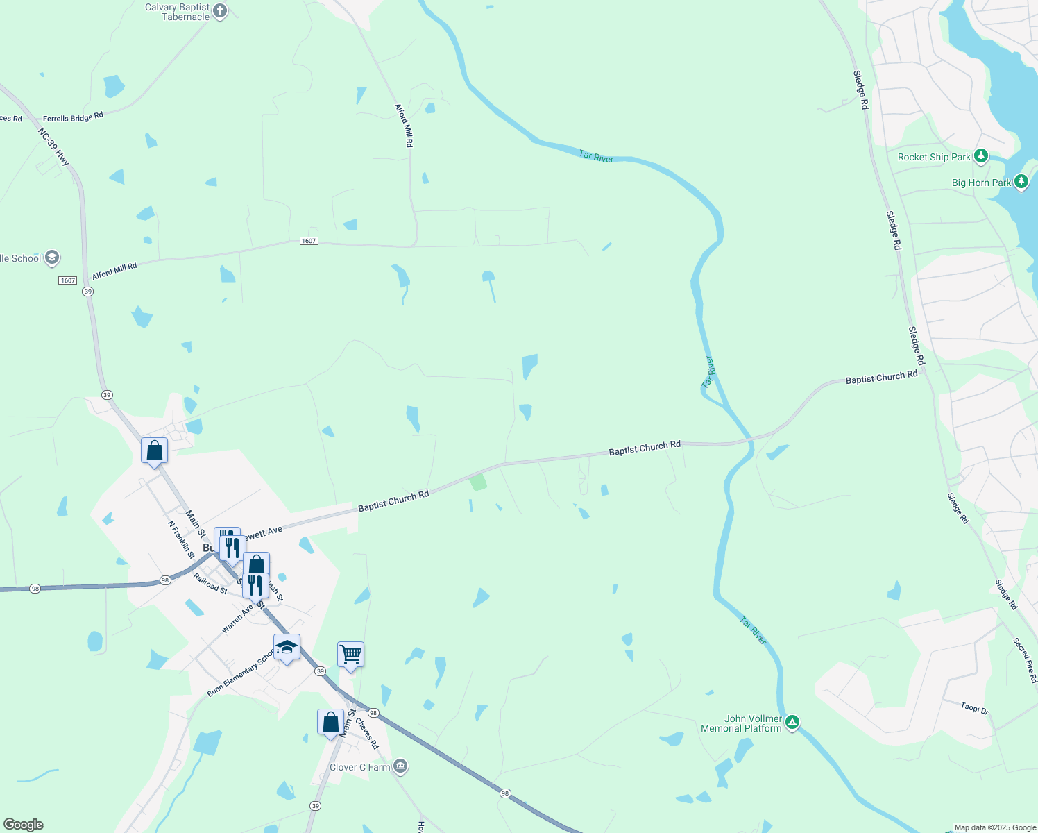 map of restaurants, bars, coffee shops, grocery stores, and more near 72 Wester Way in Bunn
