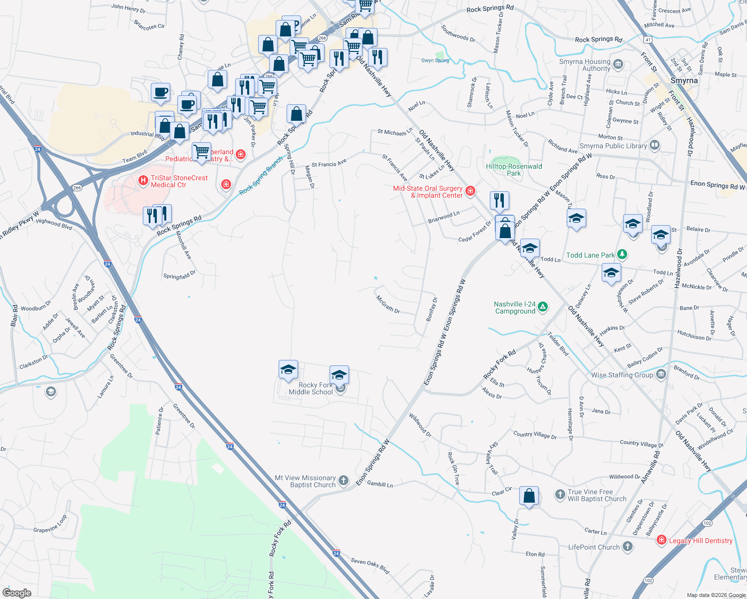 map of restaurants, bars, coffee shops, grocery stores, and more near 519 McGrath Drive in Smyrna
