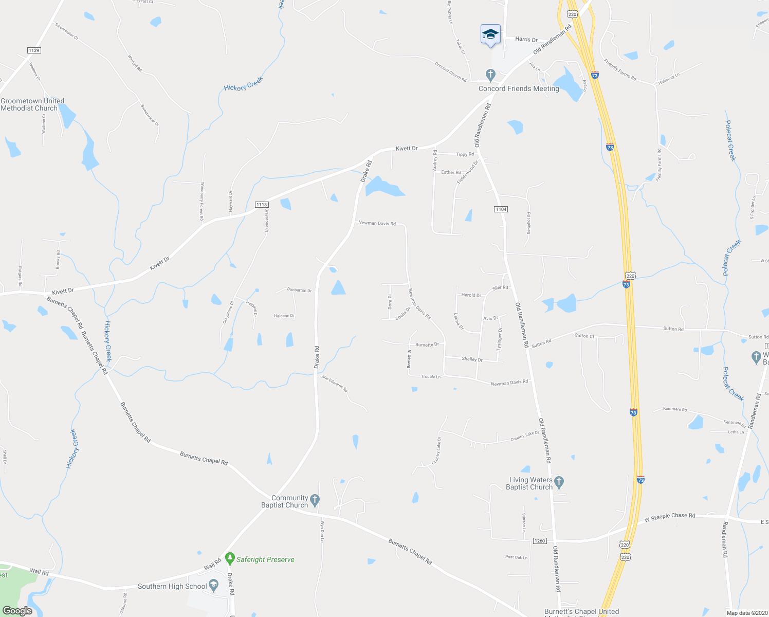 map of restaurants, bars, coffee shops, grocery stores, and more near 5710 Dora Place in Greensboro