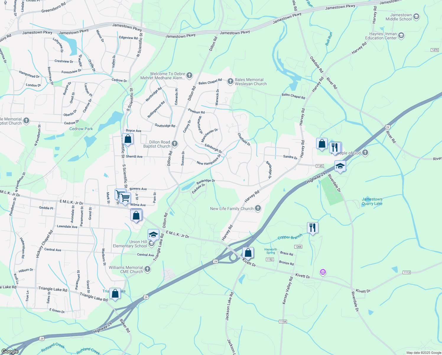 map of restaurants, bars, coffee shops, grocery stores, and more near 1028 Cayley Court in High Point