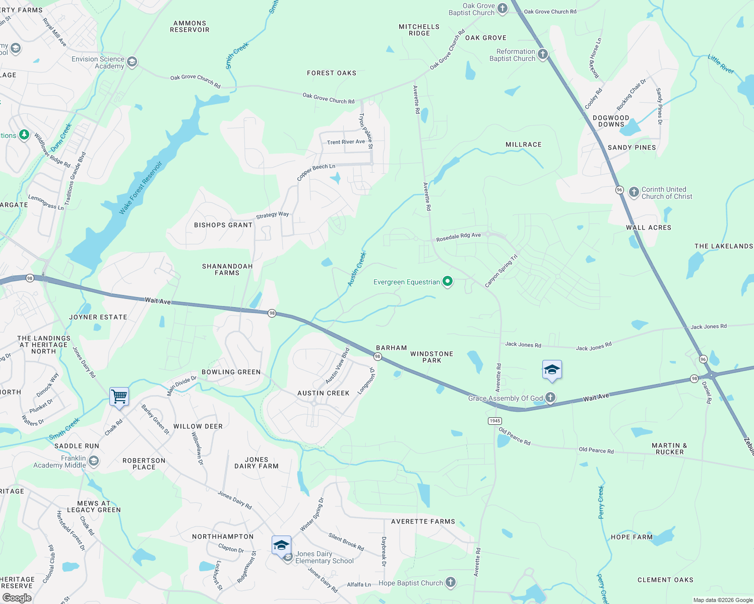 map of restaurants, bars, coffee shops, grocery stores, and more near 7324 Rocky Ridge Road in Wake Forest