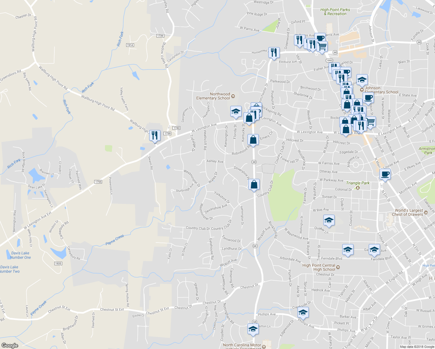 map of restaurants, bars, coffee shops, grocery stores, and more near 1408 Wales Drive in High Point