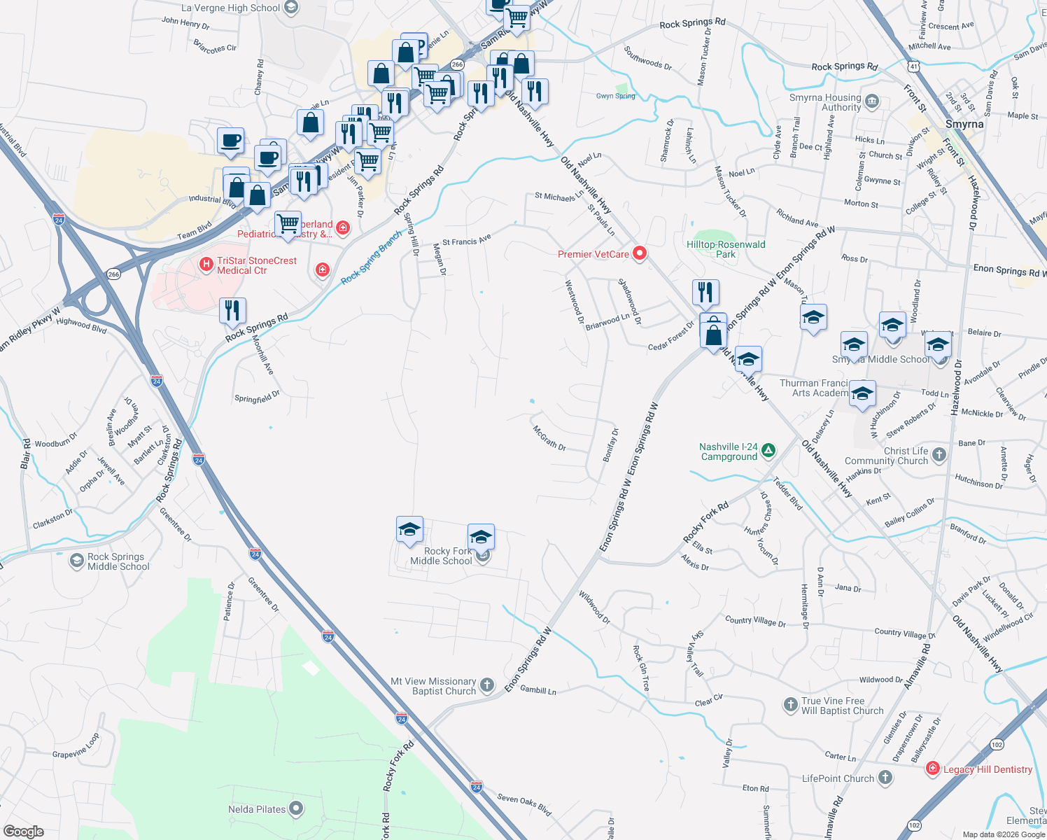map of restaurants, bars, coffee shops, grocery stores, and more near 483 Williamsport Drive in Smyrna