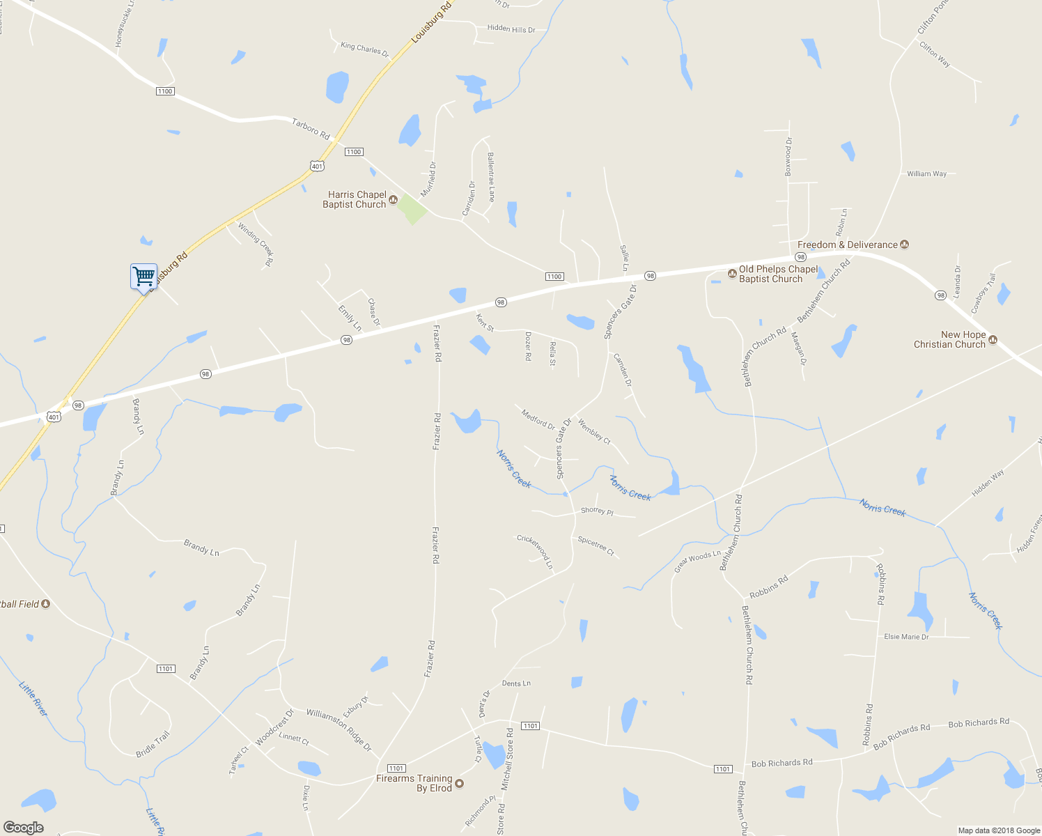 map of restaurants, bars, coffee shops, grocery stores, and more near 75 Medford Drive in Youngsville