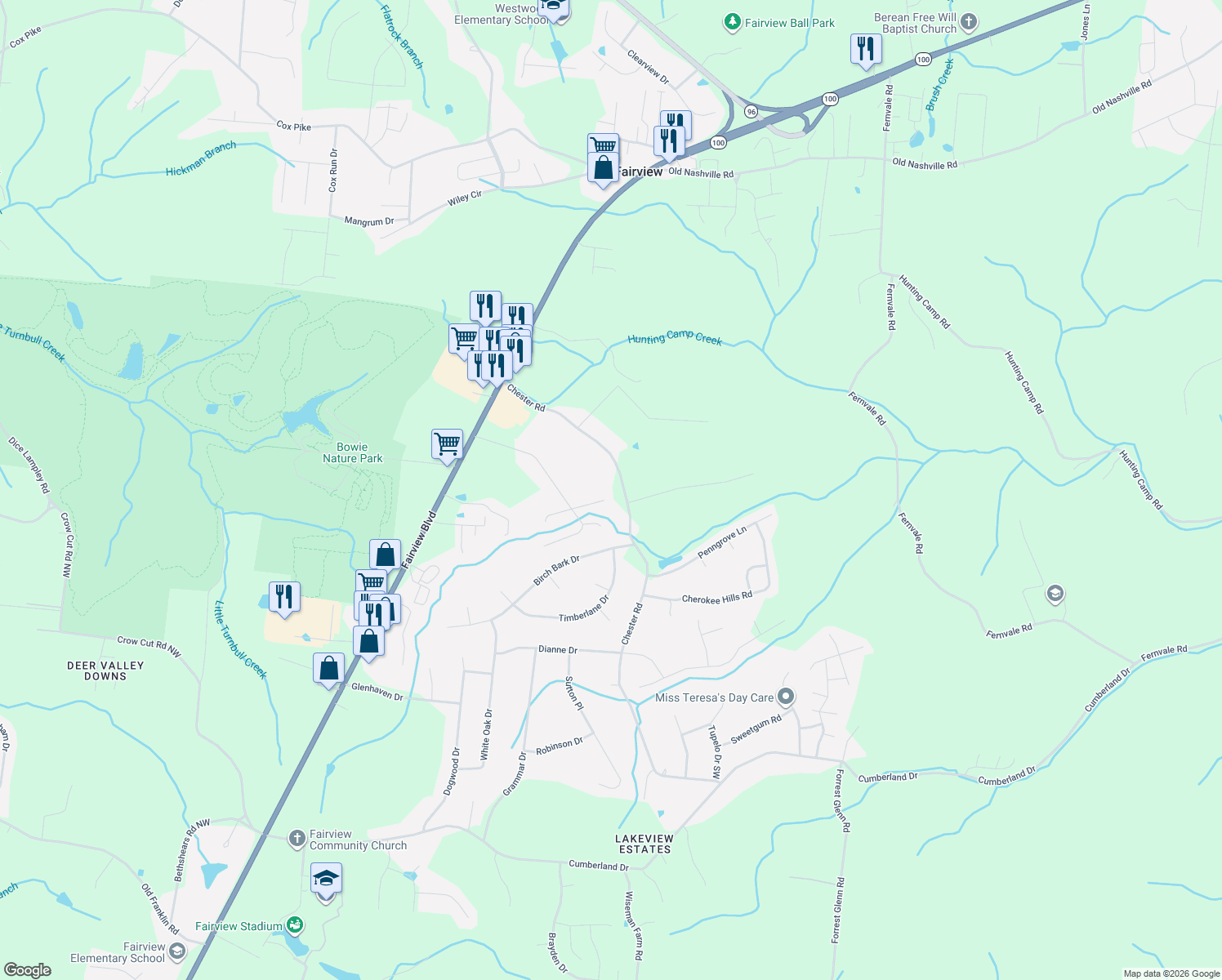map of restaurants, bars, coffee shops, grocery stores, and more near 7314 Chester Road in Fairview