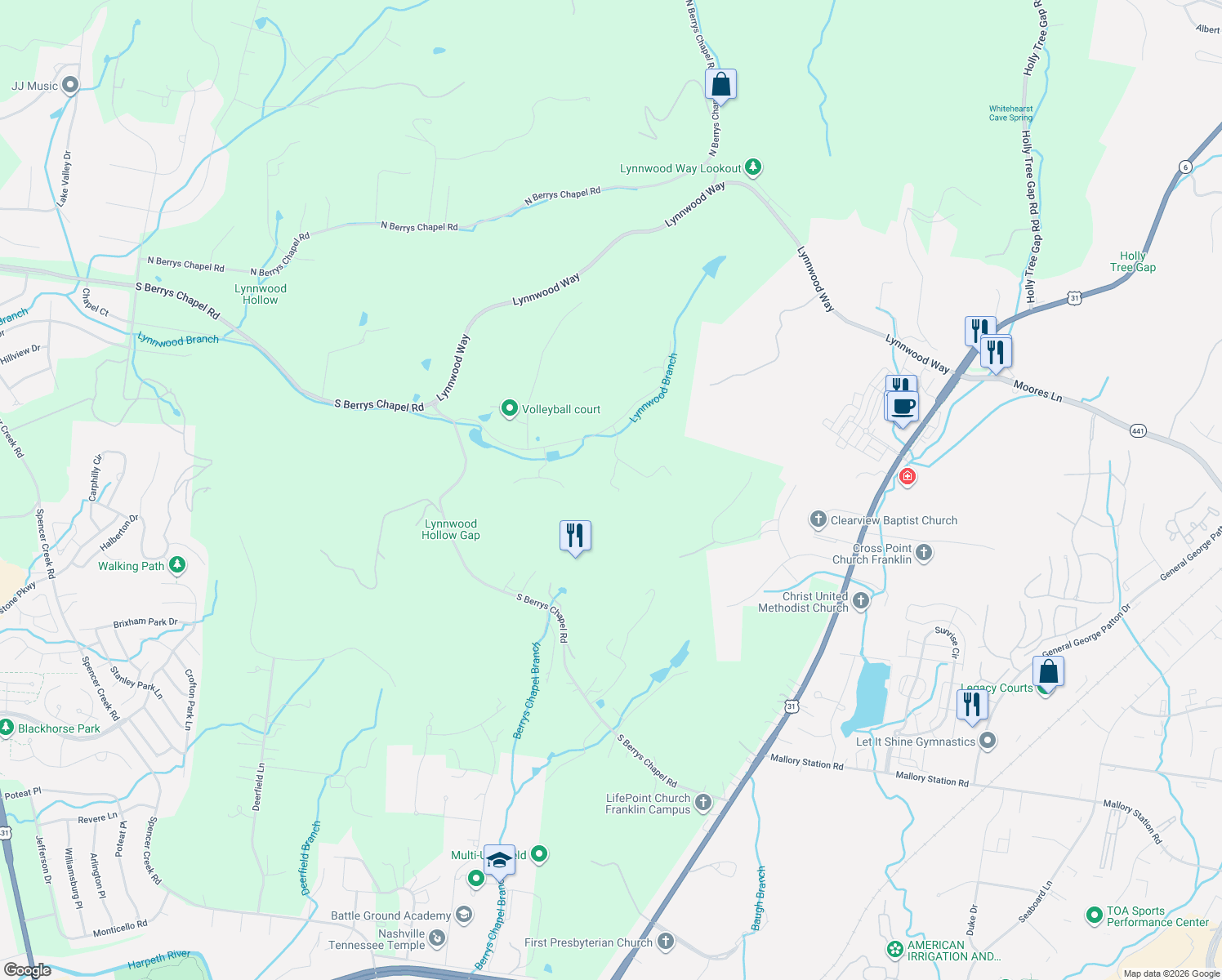 map of restaurants, bars, coffee shops, grocery stores, and more near 4008 Lynnwood Court in Franklin